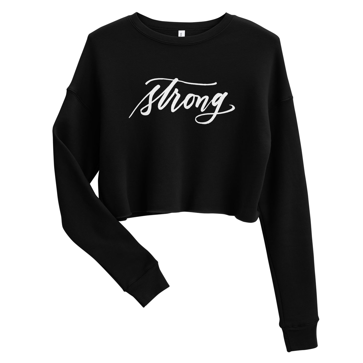 White Script "Strong" Calligraphy Printed on Black Fleece Crop Sweatshirt