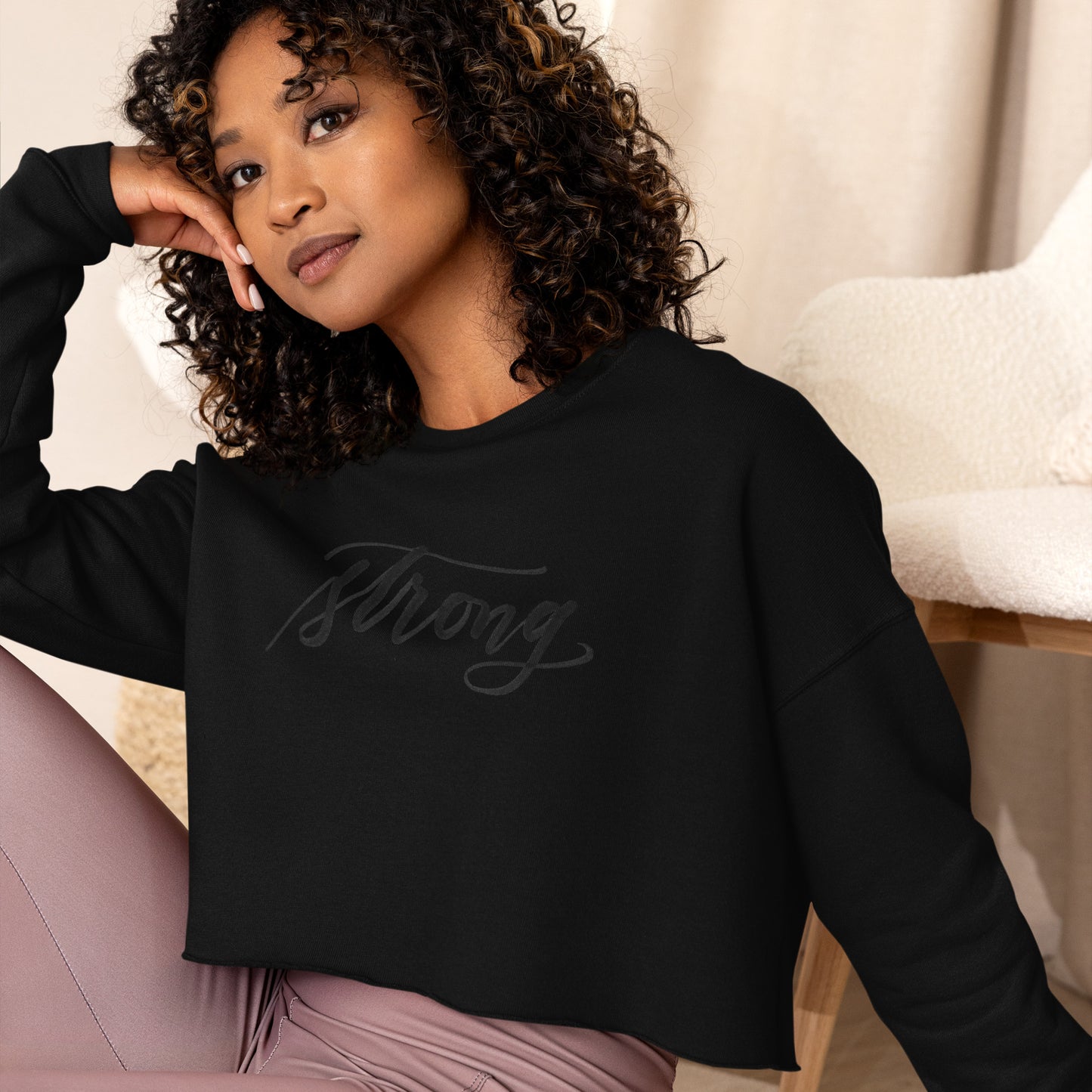 Black Script "Strong" Calligraphy Printed on Black Fleece Crop Sweatshirt