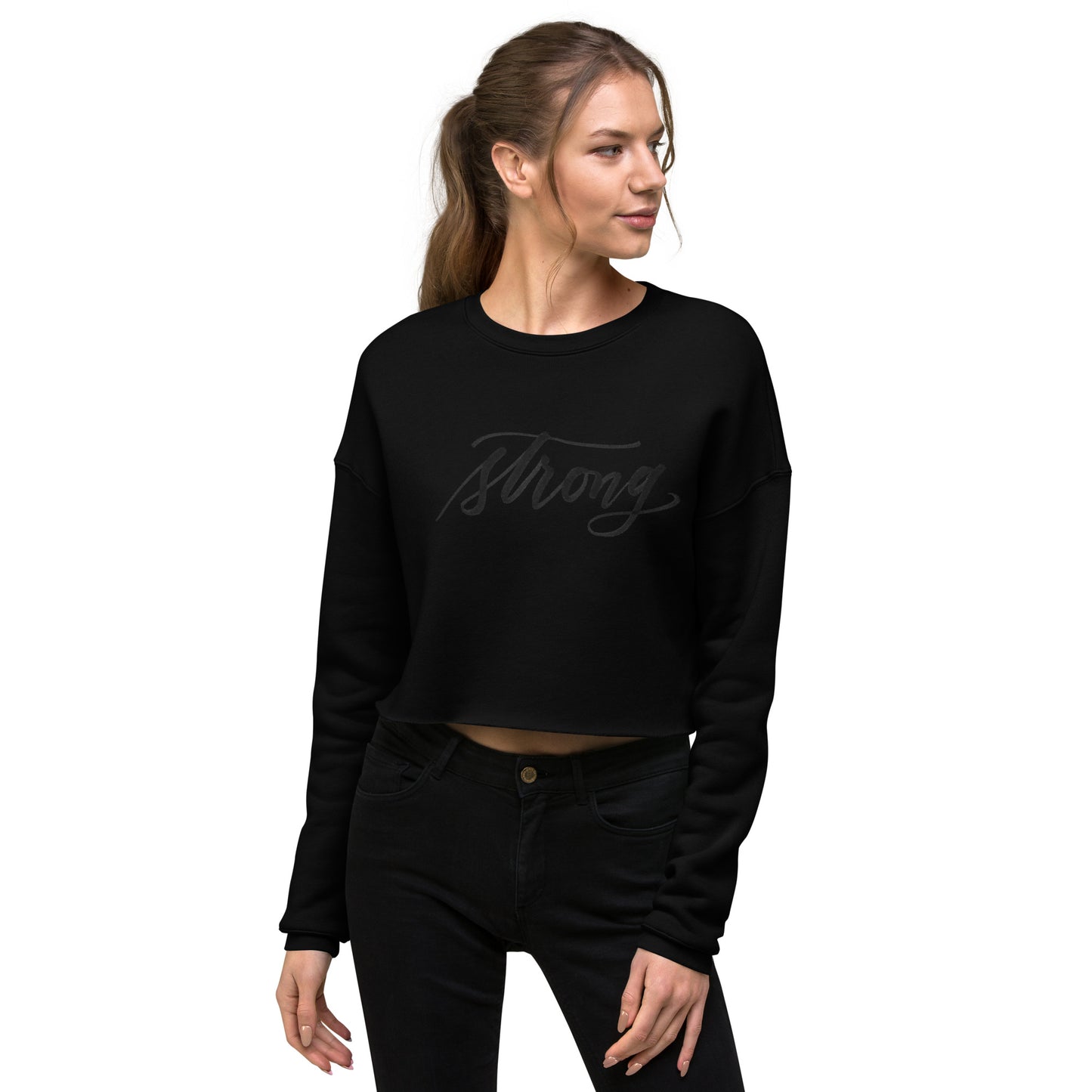 Black Script "Strong" Calligraphy Printed on Black Fleece Crop Sweatshirt