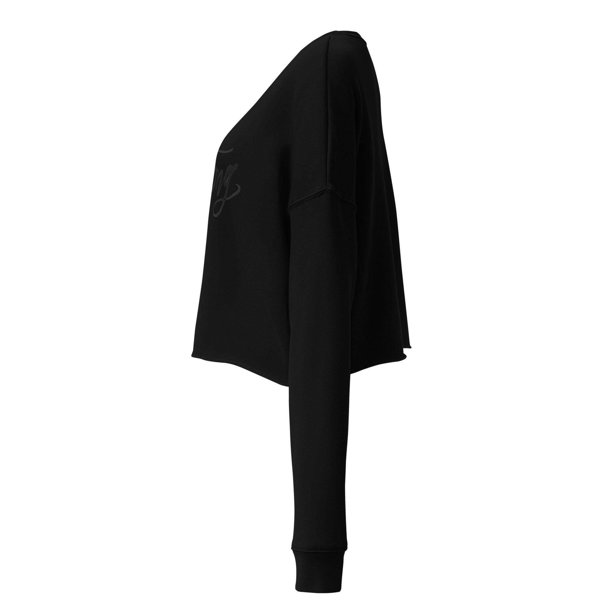 ADULT SIZES - Black Script "Strong" Calligraphy Printed on Black Fleece Cropped Sweatshirt