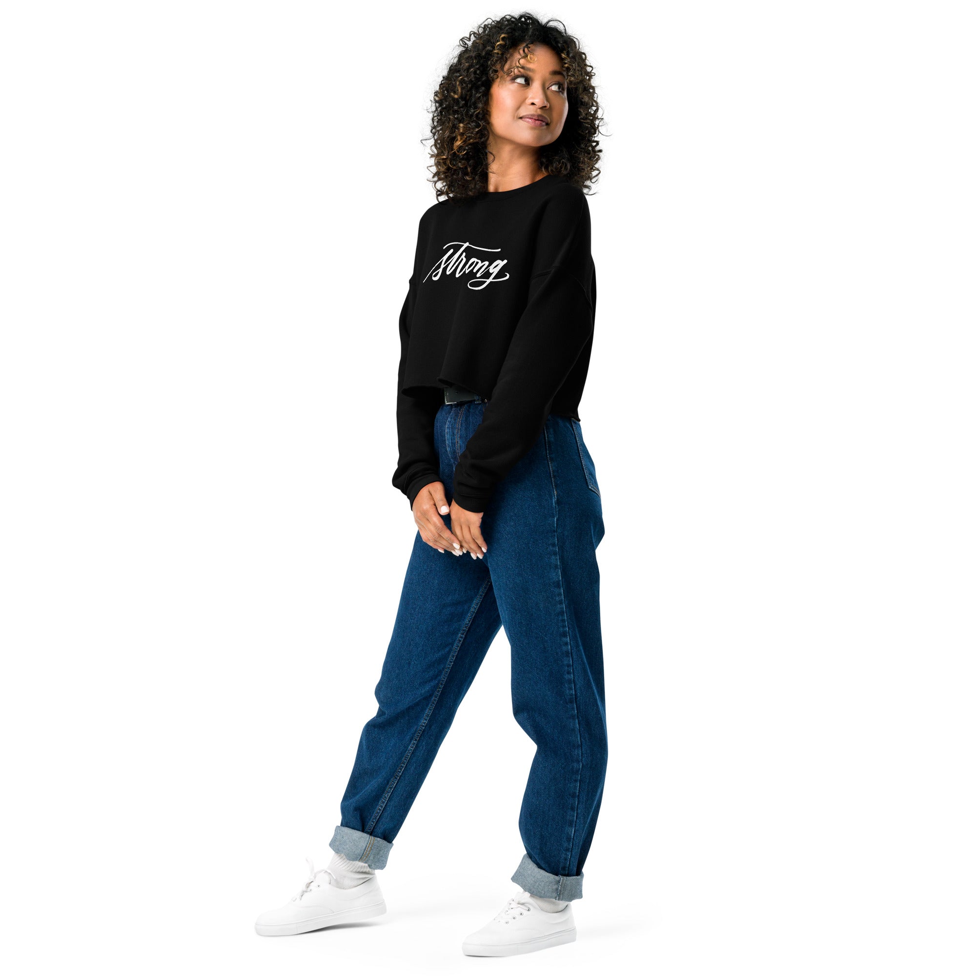 ADULT SIZES - White Script "Strong" Calligraphy Printed on Black Fleece Cropped Sweatshirt