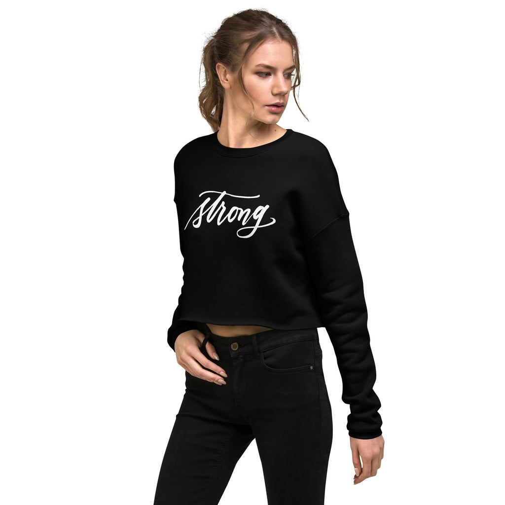ADULT SIZES - White Script "Strong" Calligraphy Printed on Black Fleece Cropped Sweatshirt