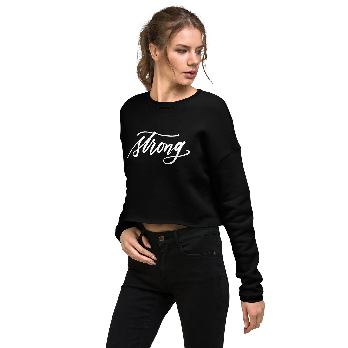 White Script "Strong" Calligraphy Printed on Black Fleece Crop Sweatshirt