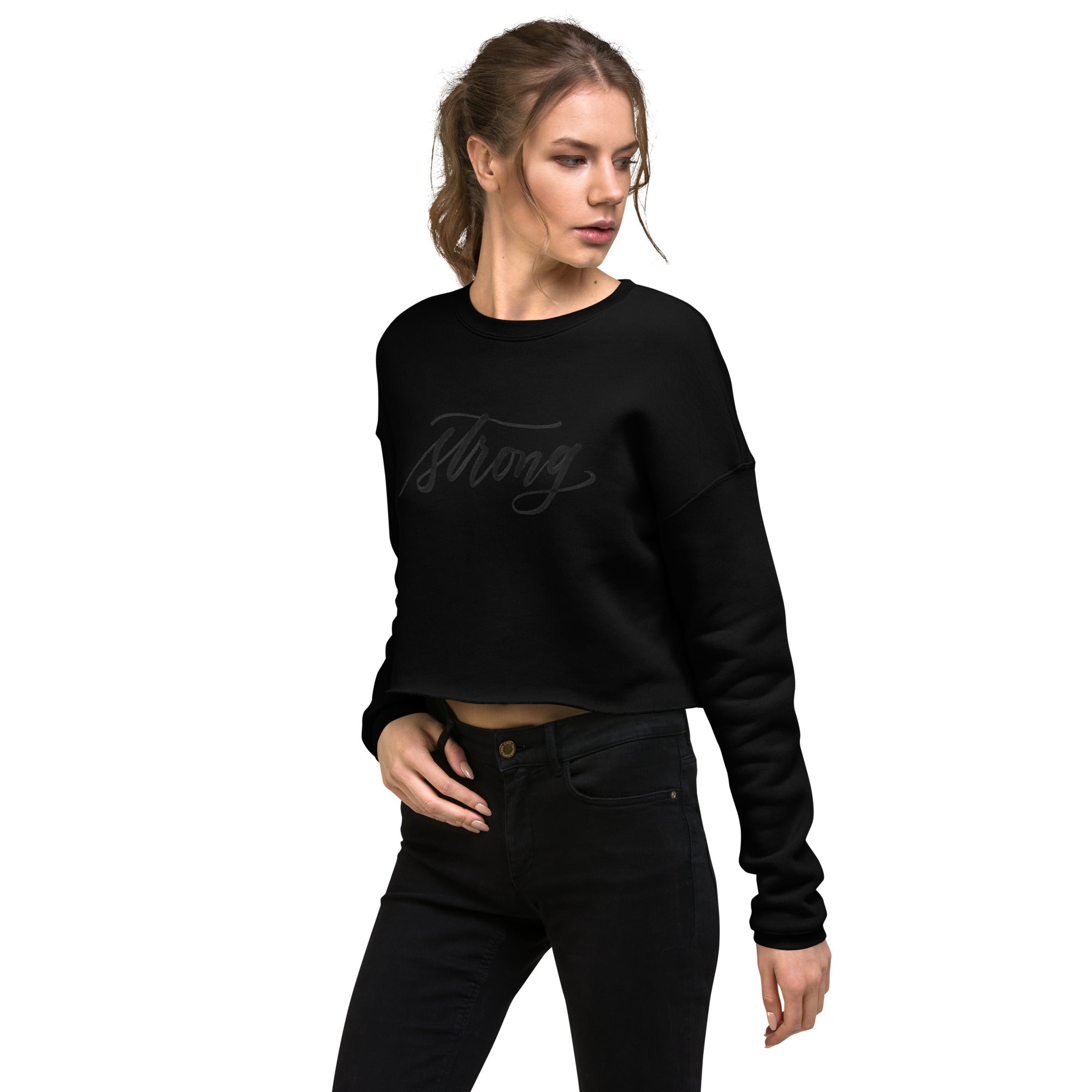 ADULT SIZES - Black Script "Strong" Calligraphy Printed on Black Fleece Cropped Sweatshirt