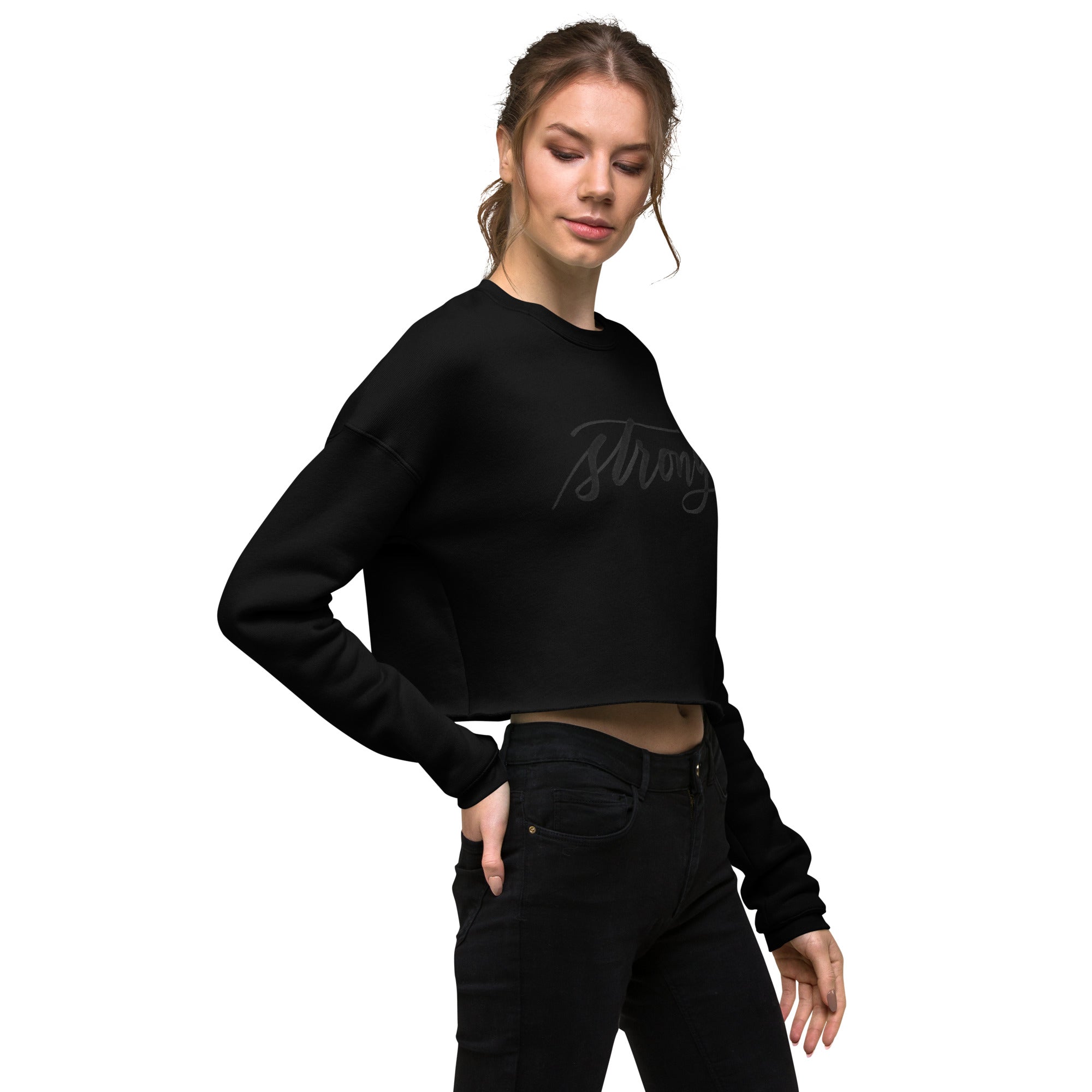ADULT SIZES - Black Script "Strong" Calligraphy Printed on Black Fleece Cropped Sweatshirt
