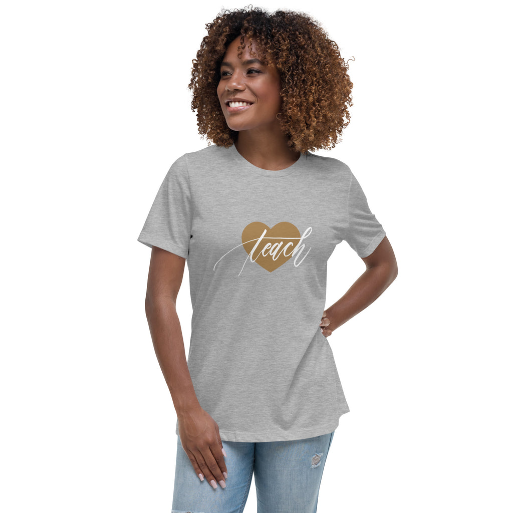 Heart & Handwritten "Teach" Calligraphy White Chalk Script Printed Women's Relaxed T-Shirt - Teach Because #06