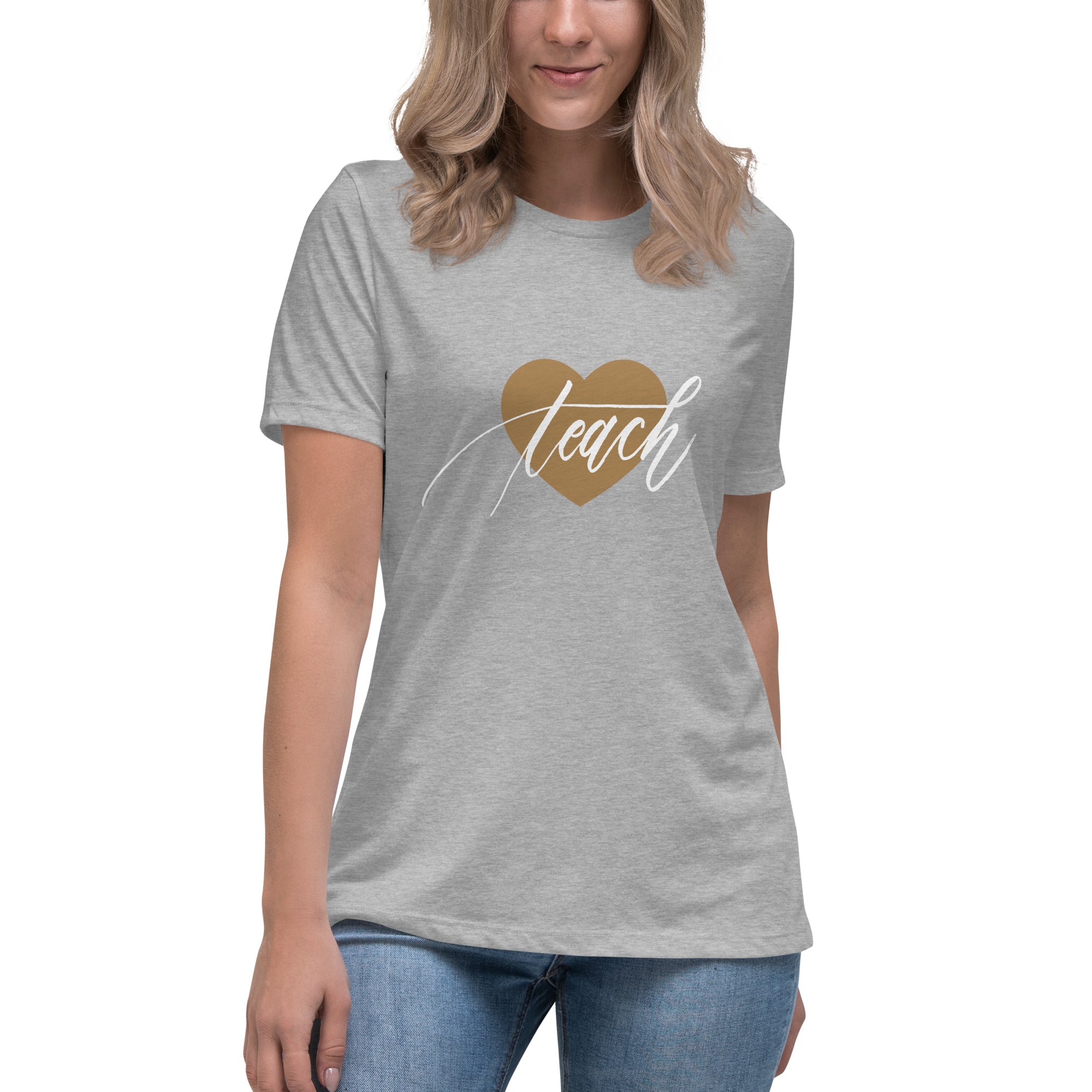 Heart & Handwritten "Teach" Calligraphy White Chalk Script Printed Women's Relaxed T-Shirt - Teach Because #06