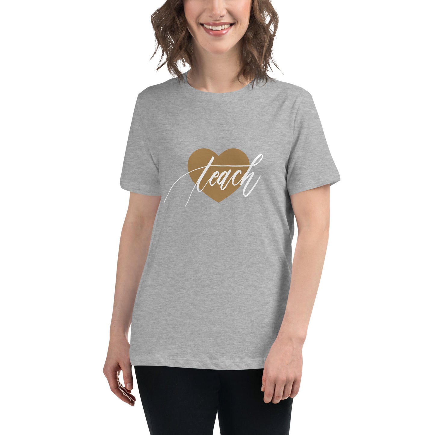 Heart & Handwritten "Teach" Calligraphy White Chalk Script Printed Women's Relaxed T-Shirt - Teach Because #06