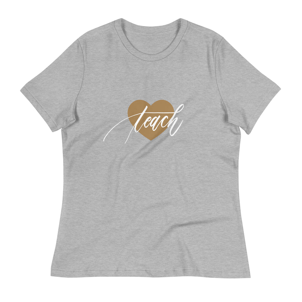 Heart & Handwritten "Teach" Calligraphy White Chalk Script Printed Women's Relaxed T-Shirt - Teach Because #06