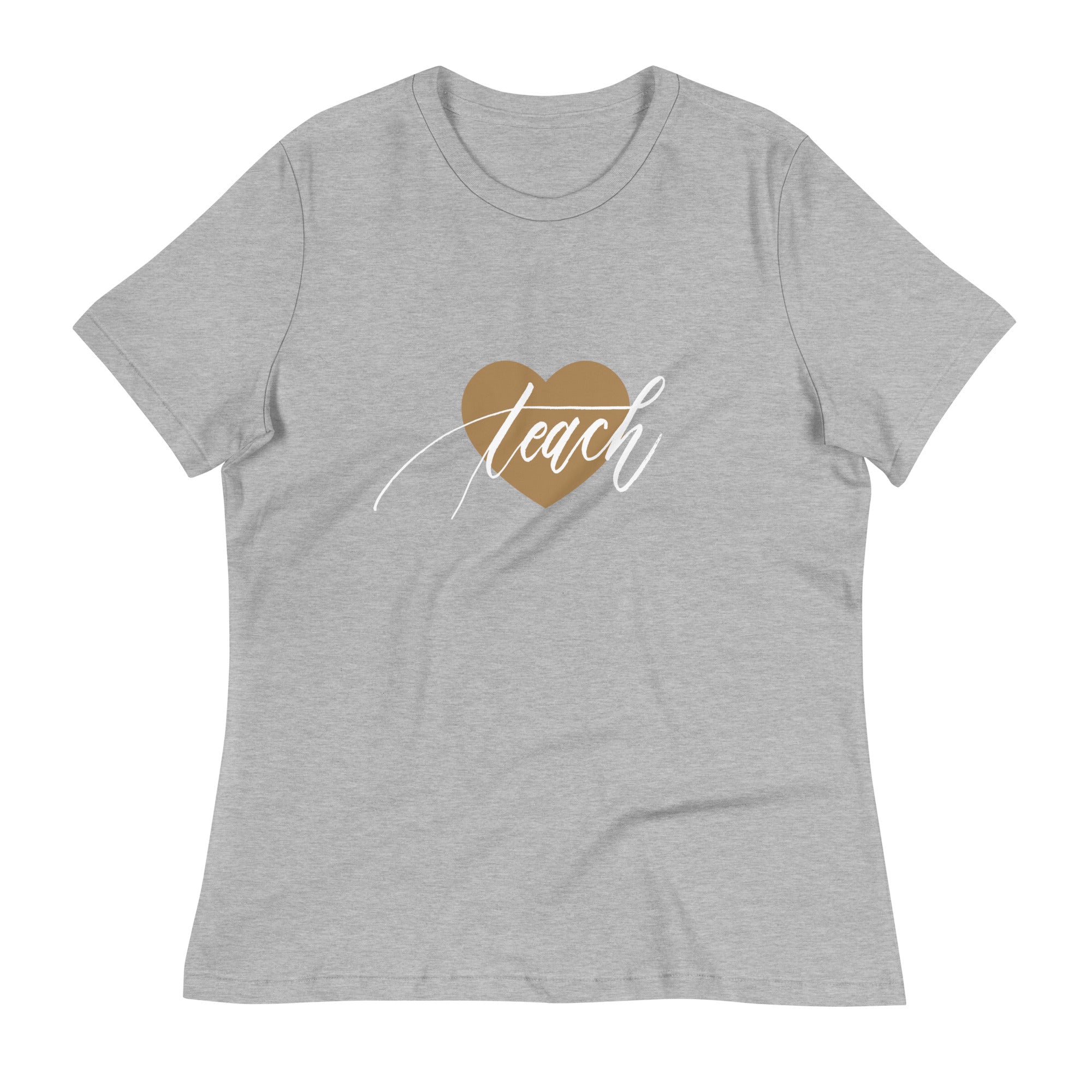 Heart & Handwritten "Teach" Calligraphy White Chalk Script Printed Women's Relaxed T-Shirt - Teach Because #06