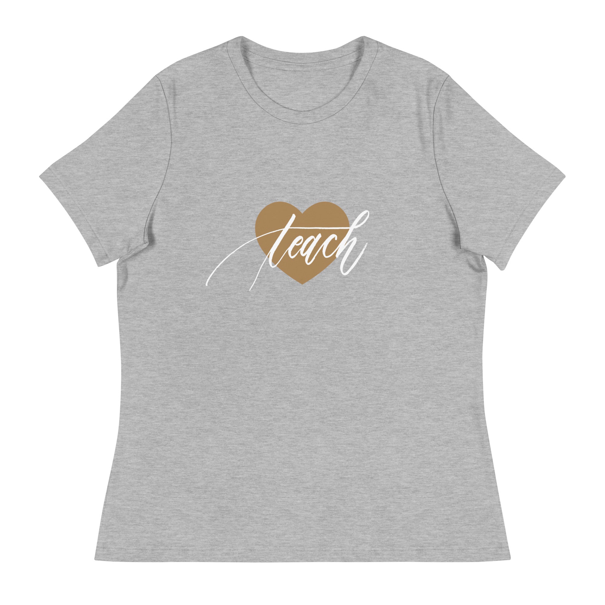 Heart & Handwritten "Teach" Calligraphy White Chalk Script Printed Women's Relaxed T-Shirt - Teach Because #06