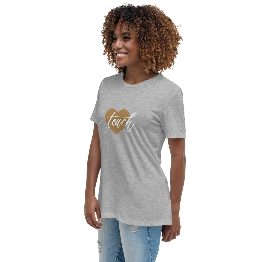 Heart & Handwritten "Teach" Calligraphy White Chalk Script Printed Women's Relaxed T-Shirt - Teach Because #06