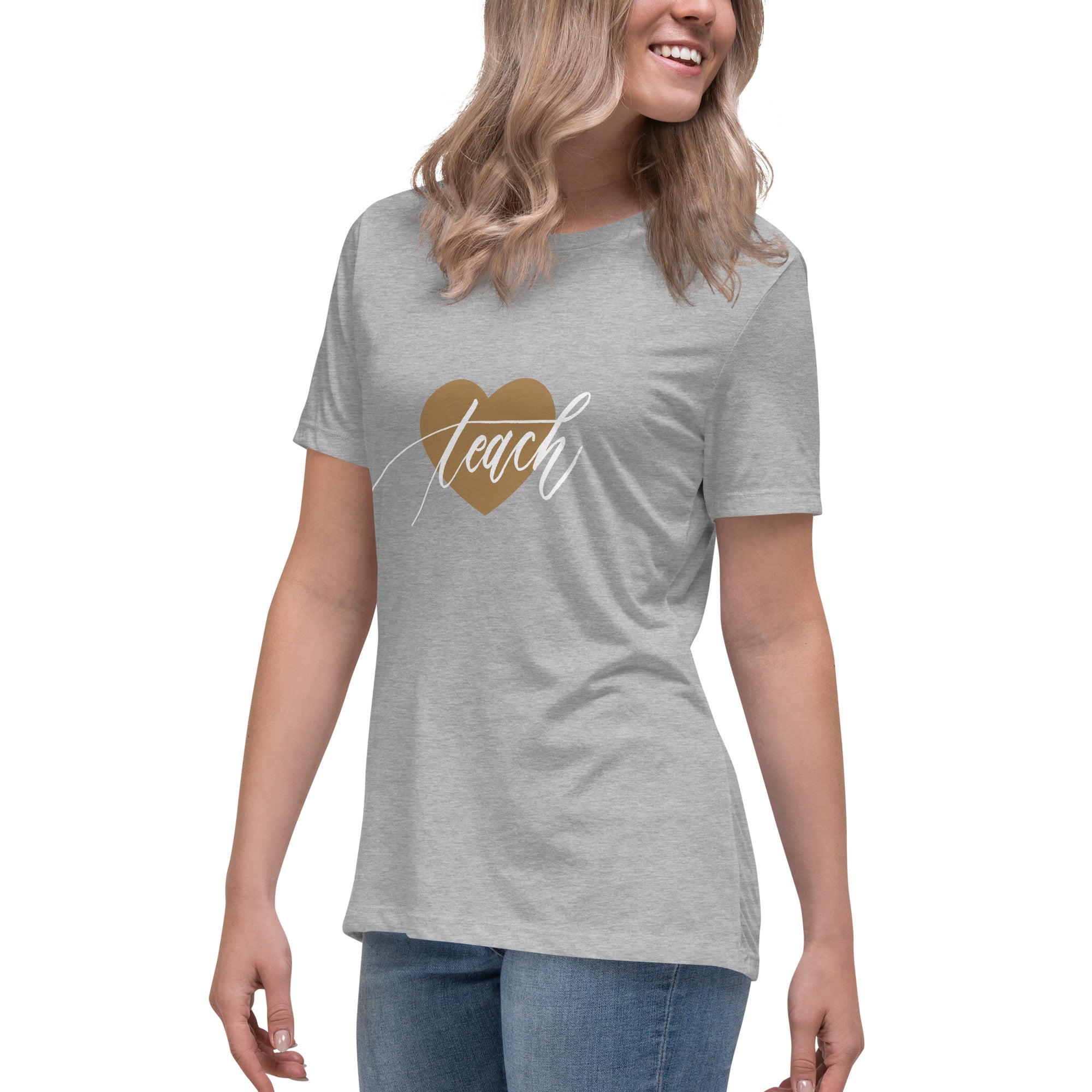Heart & Handwritten "Teach" Calligraphy White Chalk Script Printed Women's Relaxed T-Shirt - Teach Because #06