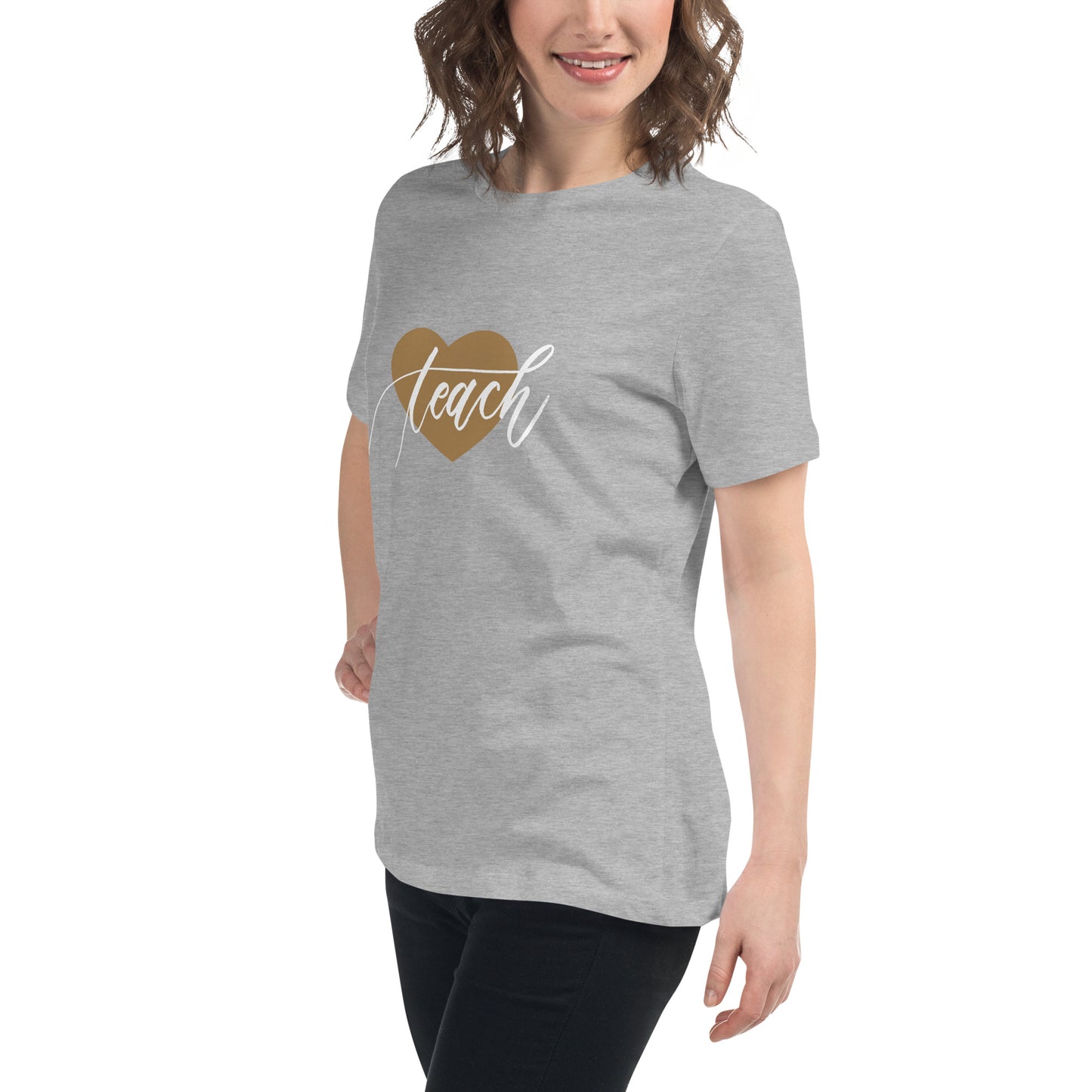 Heart & Handwritten "Teach" Calligraphy White Chalk Script Printed Women's Relaxed T-Shirt - Teach Because #06