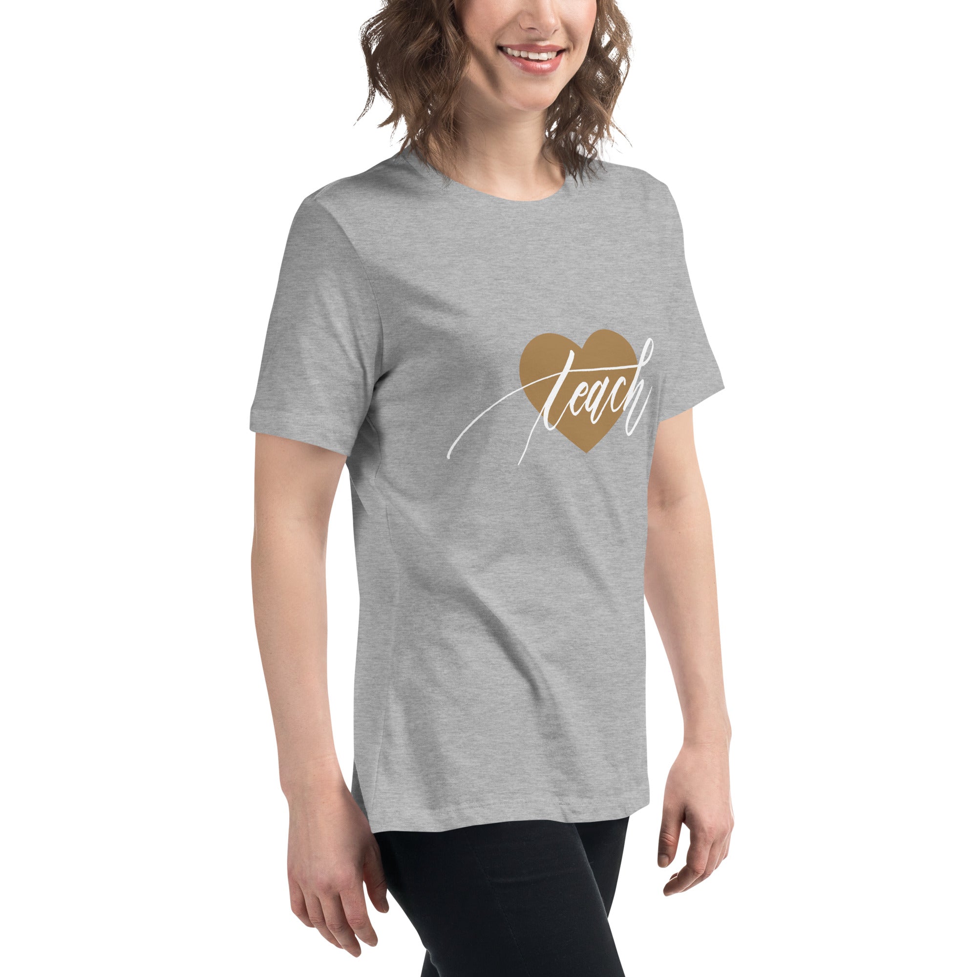 Heart & Handwritten "Teach" Calligraphy White Chalk Script Printed Women's Relaxed T-Shirt - Teach Because #06