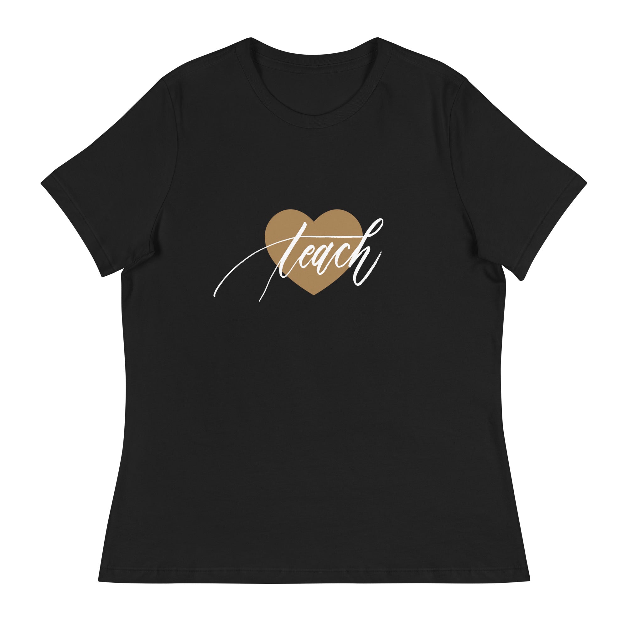 Heart & Handwritten "Teach" Calligraphy White Chalk Script Printed Women's Relaxed T-Shirt - Teach Because #06