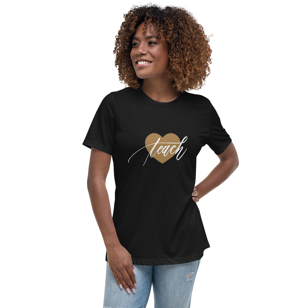 Heart & Handwritten "Teach" Calligraphy White Chalk Script Printed Women's Relaxed T-Shirt - Teach Because #06