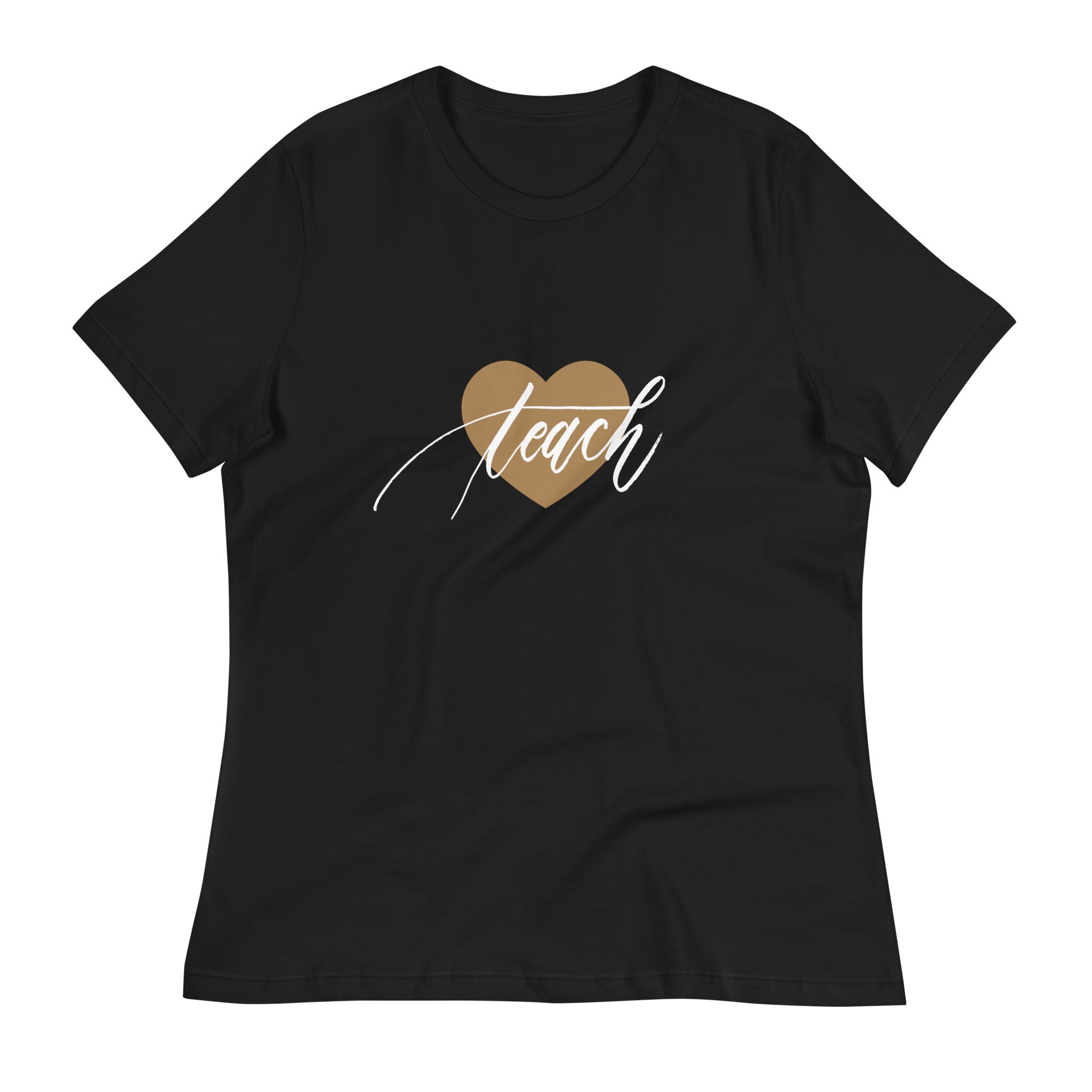 Heart & Handwritten "Teach" Calligraphy White Chalk Script Printed Women's Relaxed T-Shirt - Teach Because #06