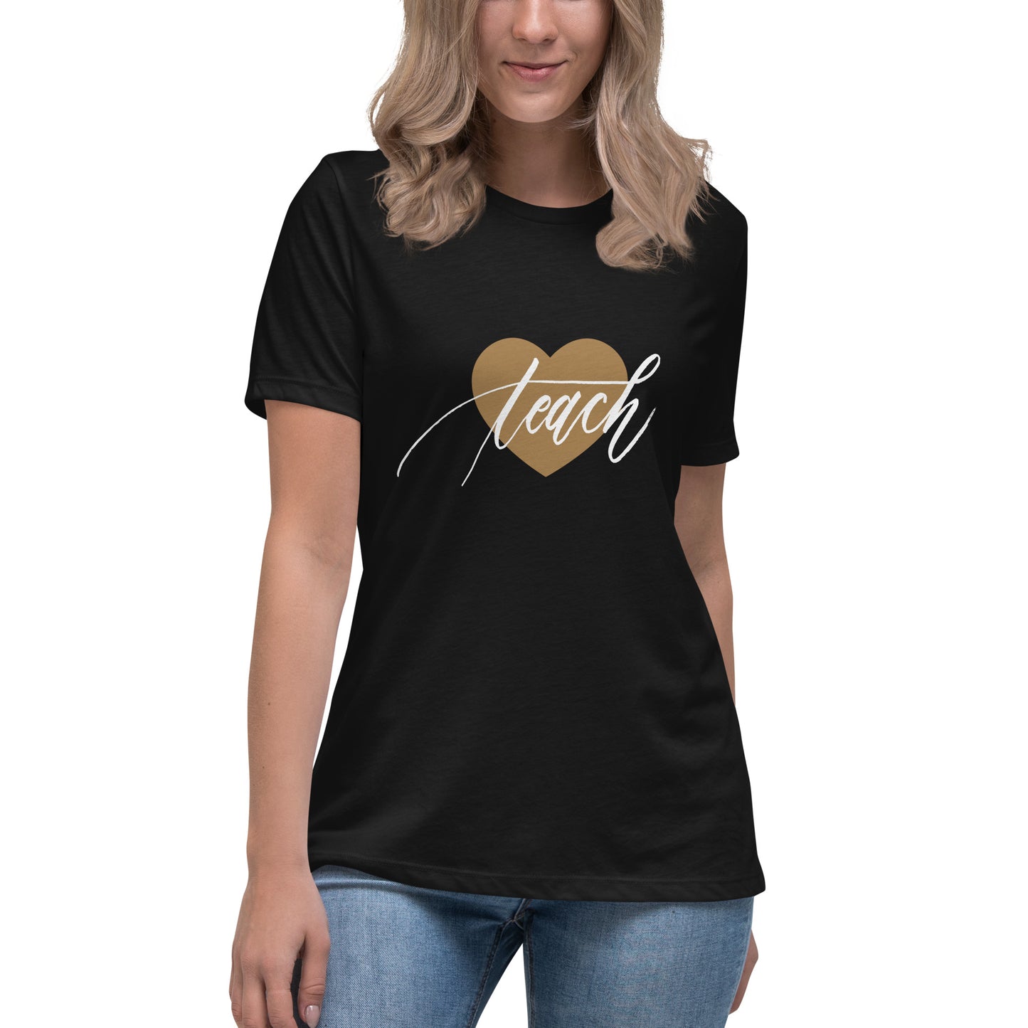 Heart & Handwritten "Teach" Calligraphy White Chalk Script Printed Women's Relaxed T-Shirt - Teach Because #06