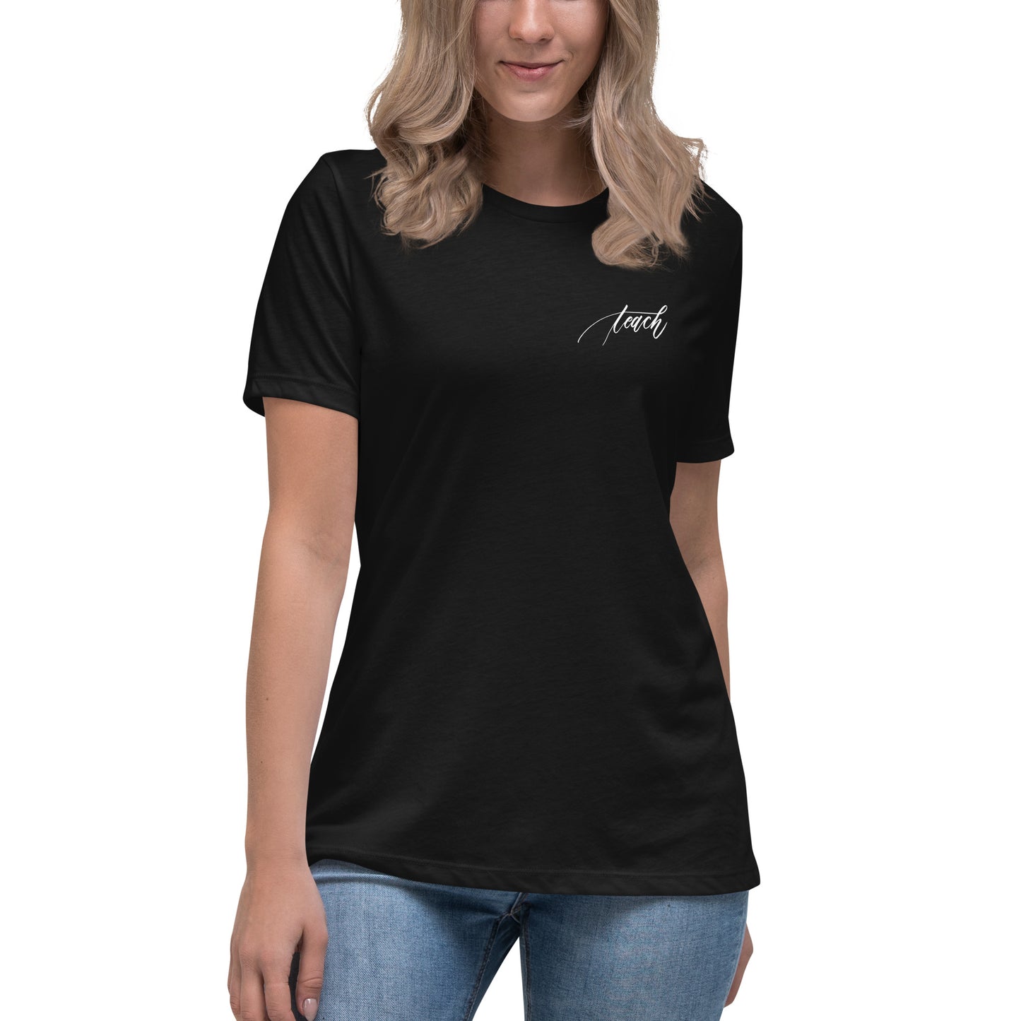 Handwritten "Teach Because Math Adds Up" Calligraphy White Chalk Script Printed on Back of Women's Relaxed Black T-Shirt - Teach Because #01