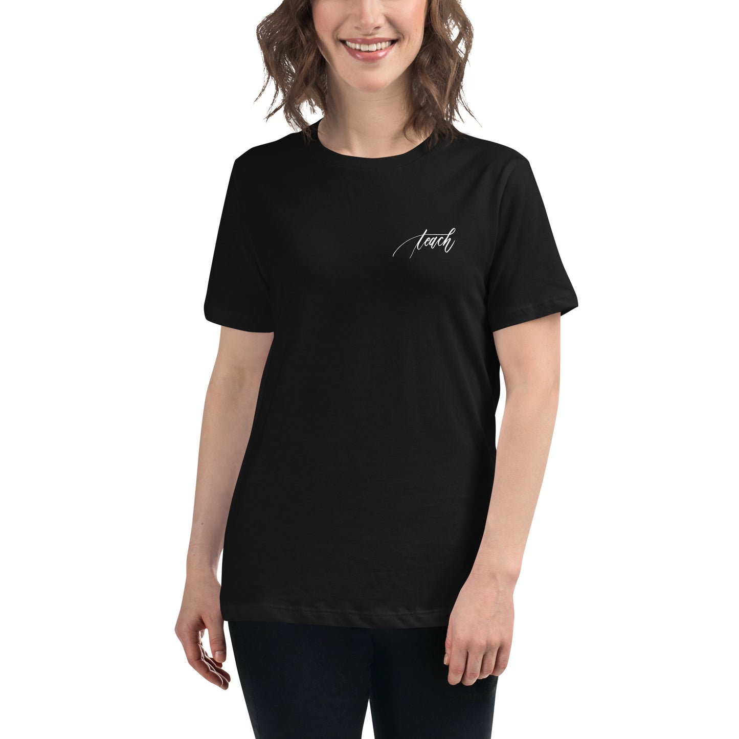 Handwritten "Teach Because Math Adds Up" Calligraphy White Chalk Script Printed on Back of Women's Relaxed Black T-Shirt - Teach Because #01