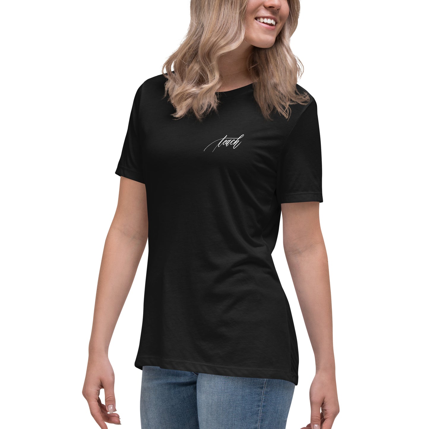 Handwritten "Teach Because Math Adds Up" Calligraphy White Chalk Script Printed on Back of Women's Relaxed Black T-Shirt - Teach Because #01