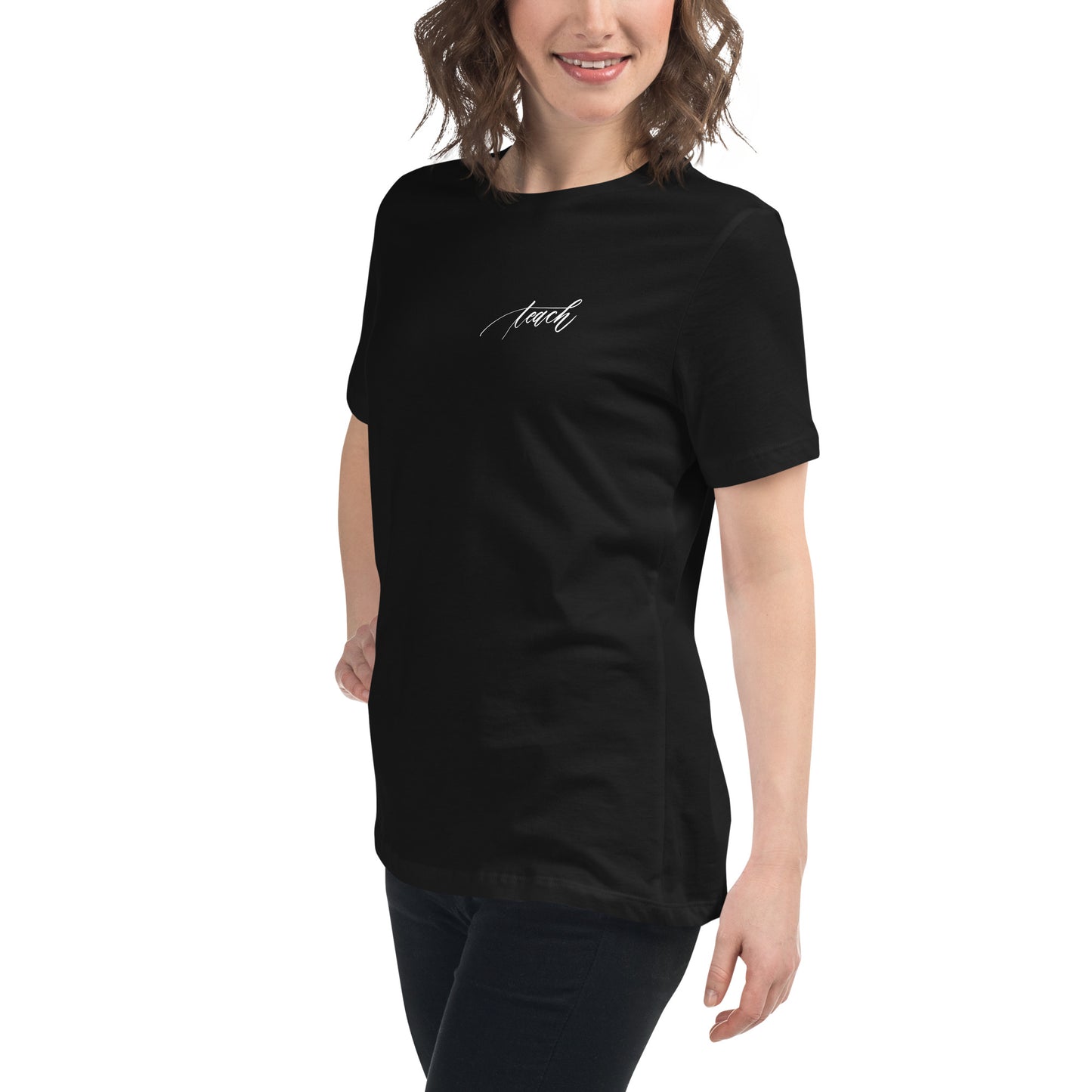 Handwritten "Teach Because Math Adds Up" Calligraphy White Chalk Script Printed on Back of Women's Relaxed Black T-Shirt - Teach Because #01