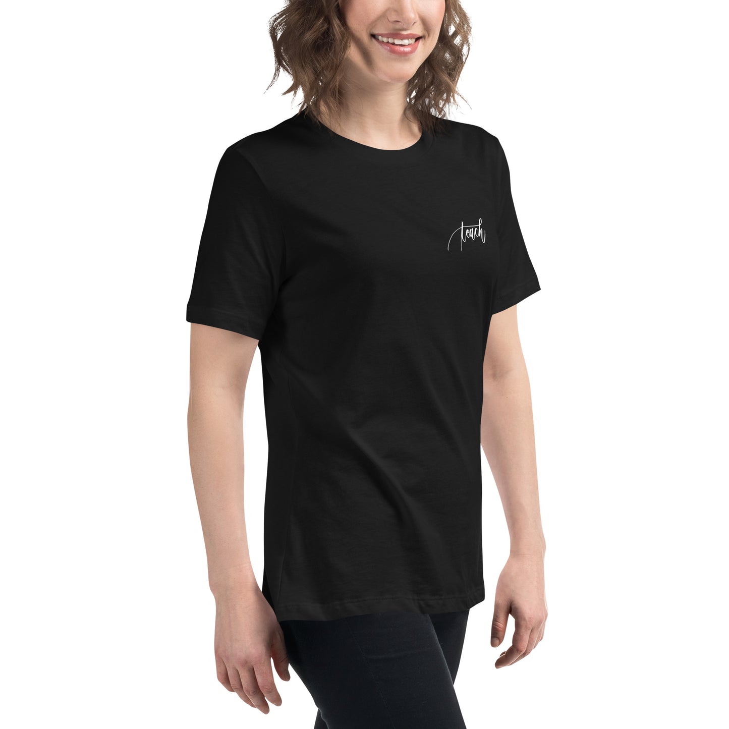 Handwritten "Teach Because Math Adds Up" Calligraphy White Chalk Script Printed on Back of Women's Relaxed Black T-Shirt - Teach Because #01