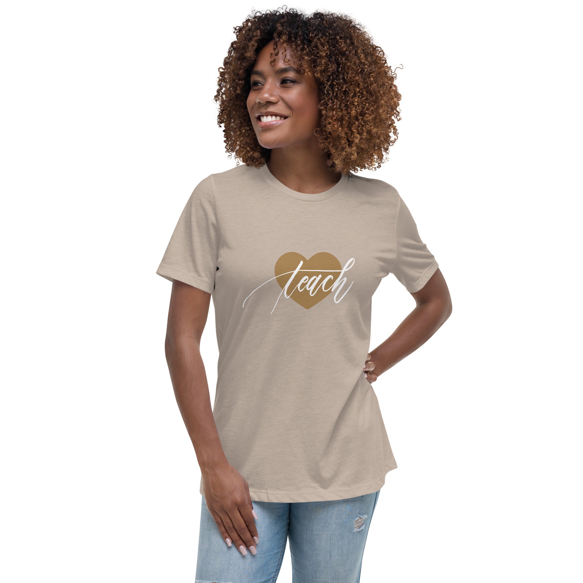 Heart & Handwritten "Teach" Calligraphy White Chalk Script Printed Women's Relaxed T-Shirt - Teach Because #06
