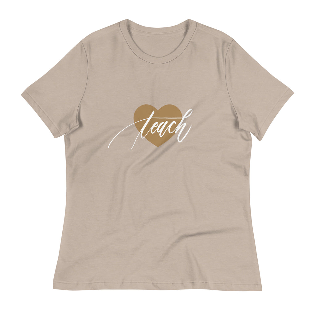 Heart & Handwritten "Teach" Calligraphy White Chalk Script Printed Women's Relaxed T-Shirt - Teach Because #06