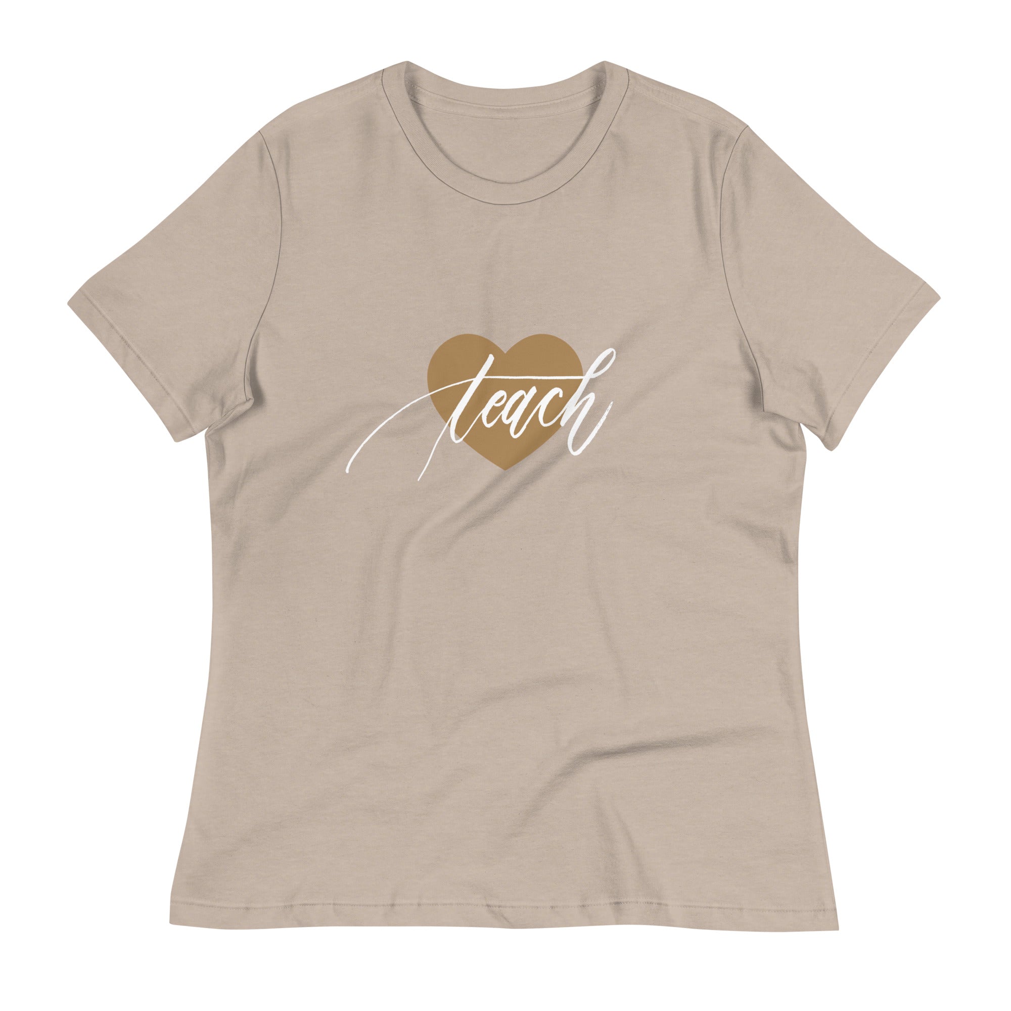 Heart & Handwritten "Teach" Calligraphy White Chalk Script Printed Women's Relaxed T-Shirt - Teach Because #06