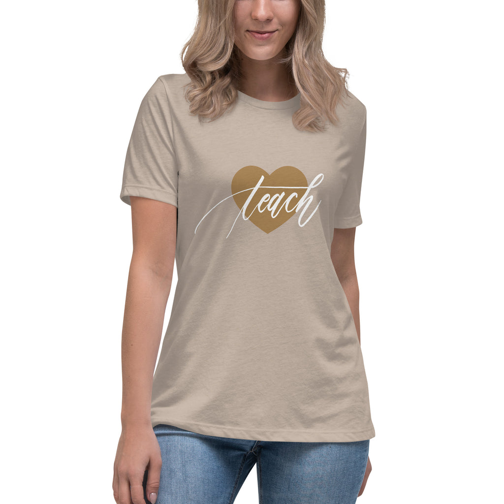 Heart & Handwritten "Teach" Calligraphy White Chalk Script Printed Women's Relaxed T-Shirt - Teach Because #06