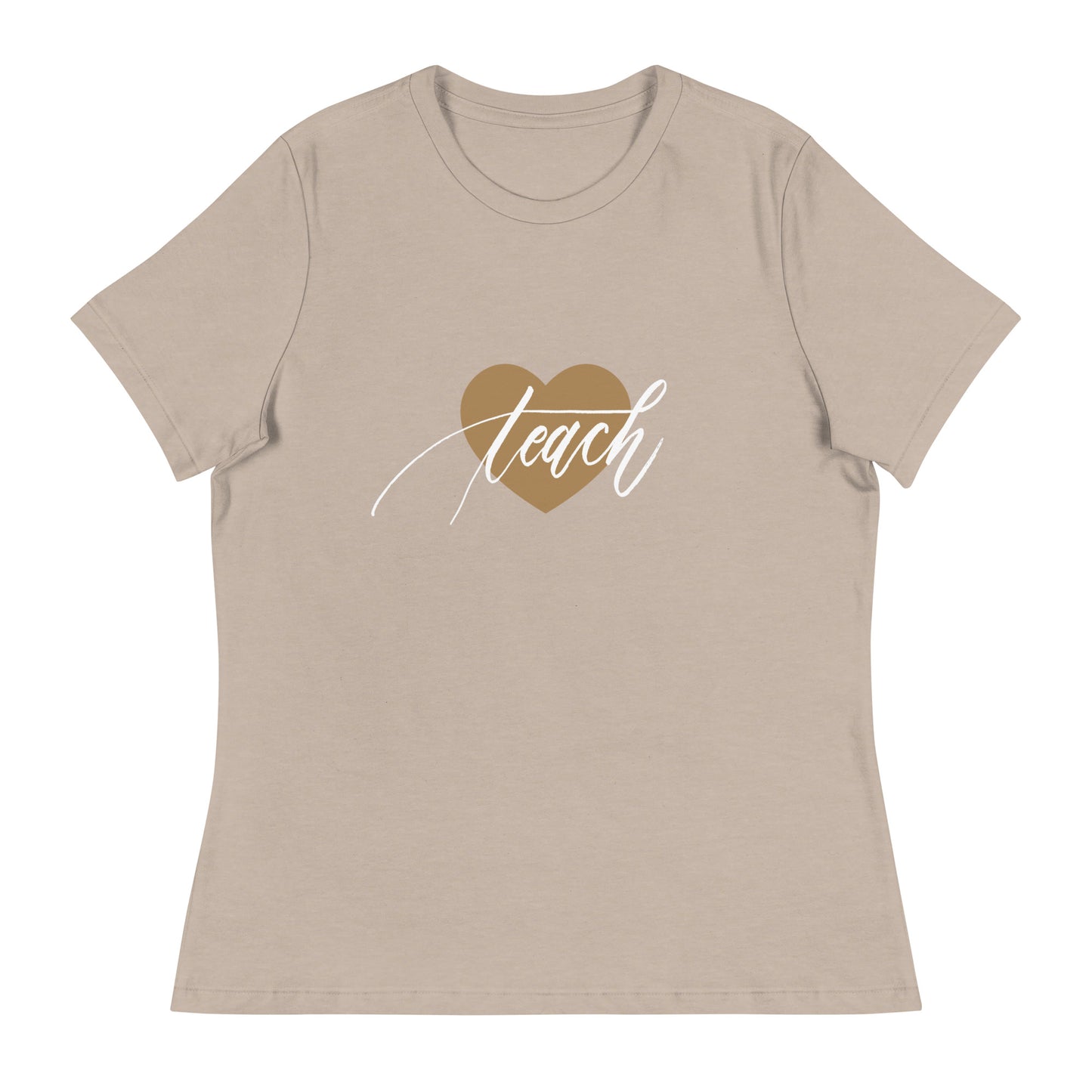 Heart & Handwritten "Teach" Calligraphy White Chalk Script Printed Women's Relaxed T-Shirt - Teach Because #06