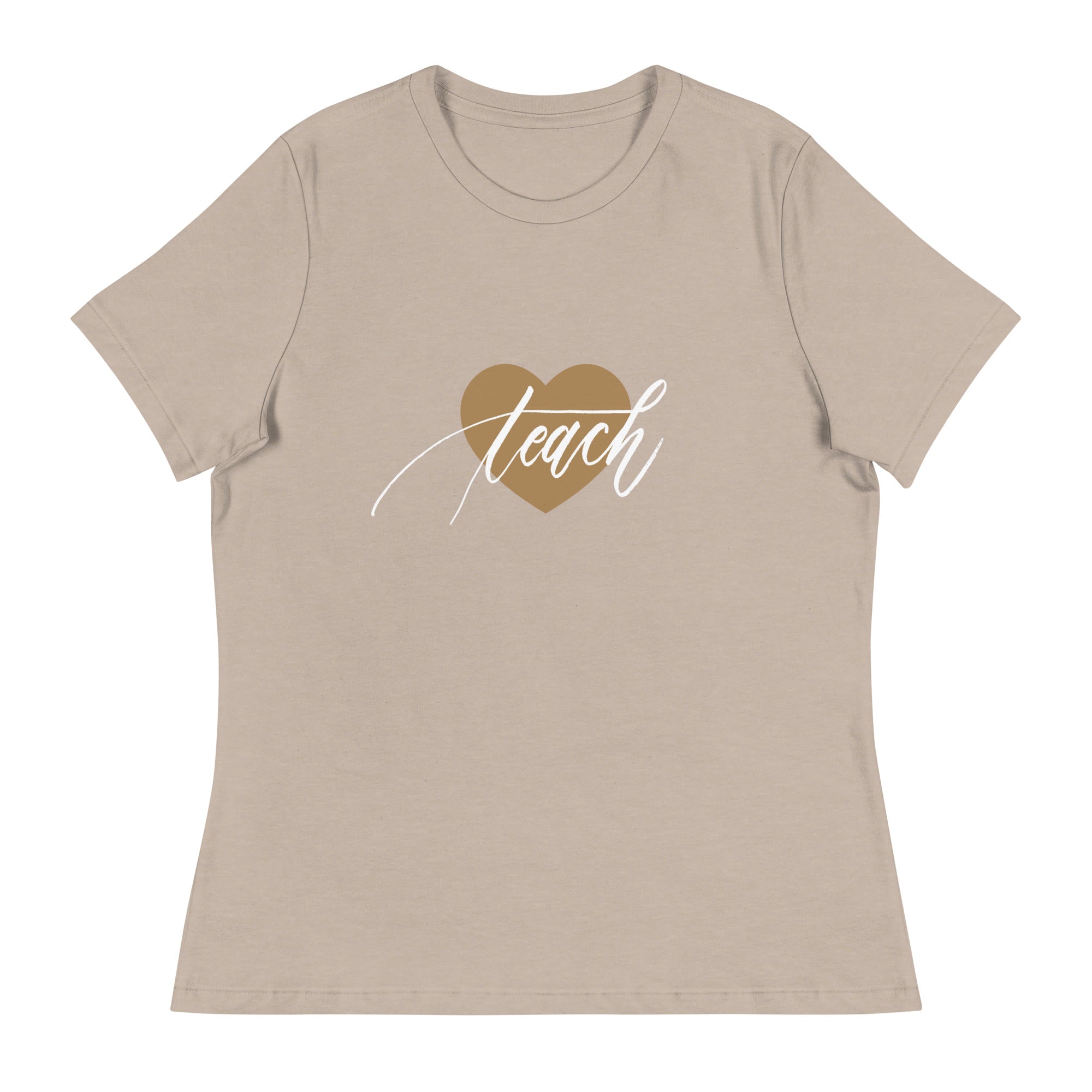 Heart & Handwritten "Teach" Calligraphy White Chalk Script Printed Women's Relaxed T-Shirt - Teach Because #06