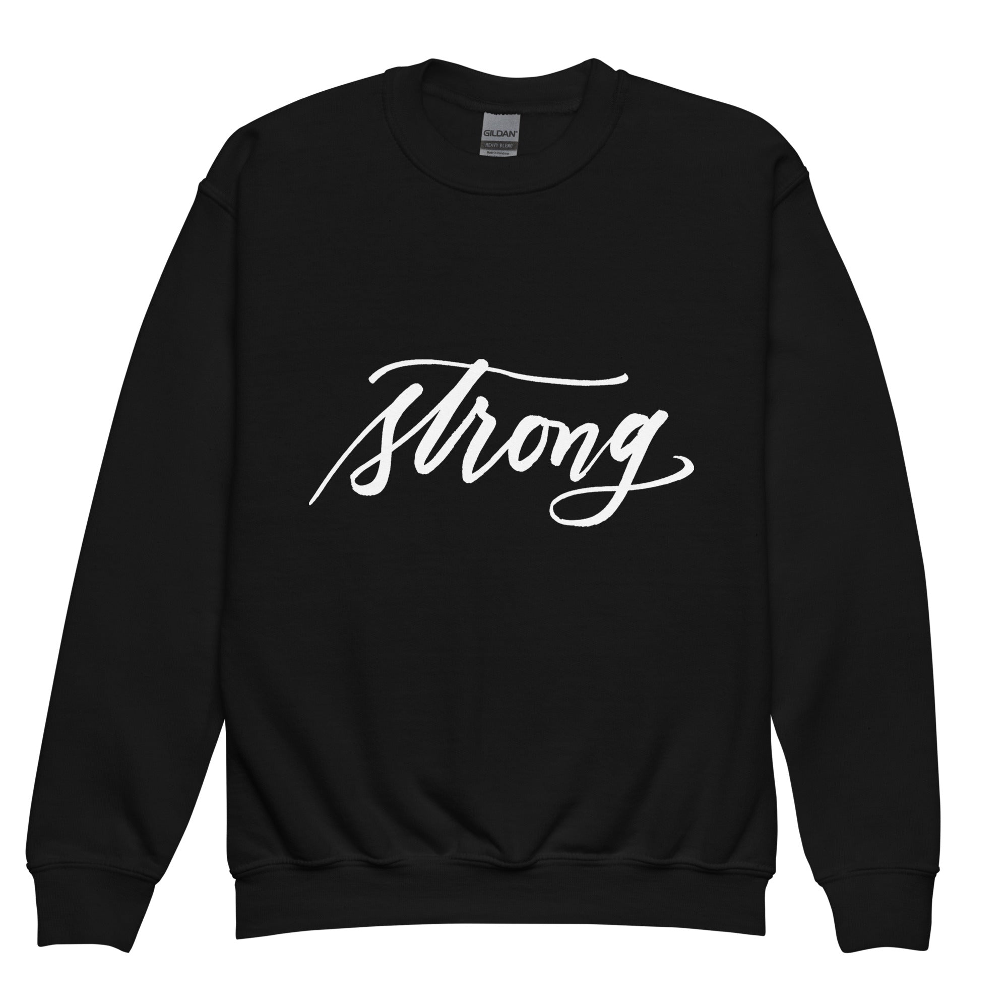 YOUTH SIZES - White Script "Strong" Calligraphy Printed on Kids' Crewneck Sweatshirt (Youth Sizes)
