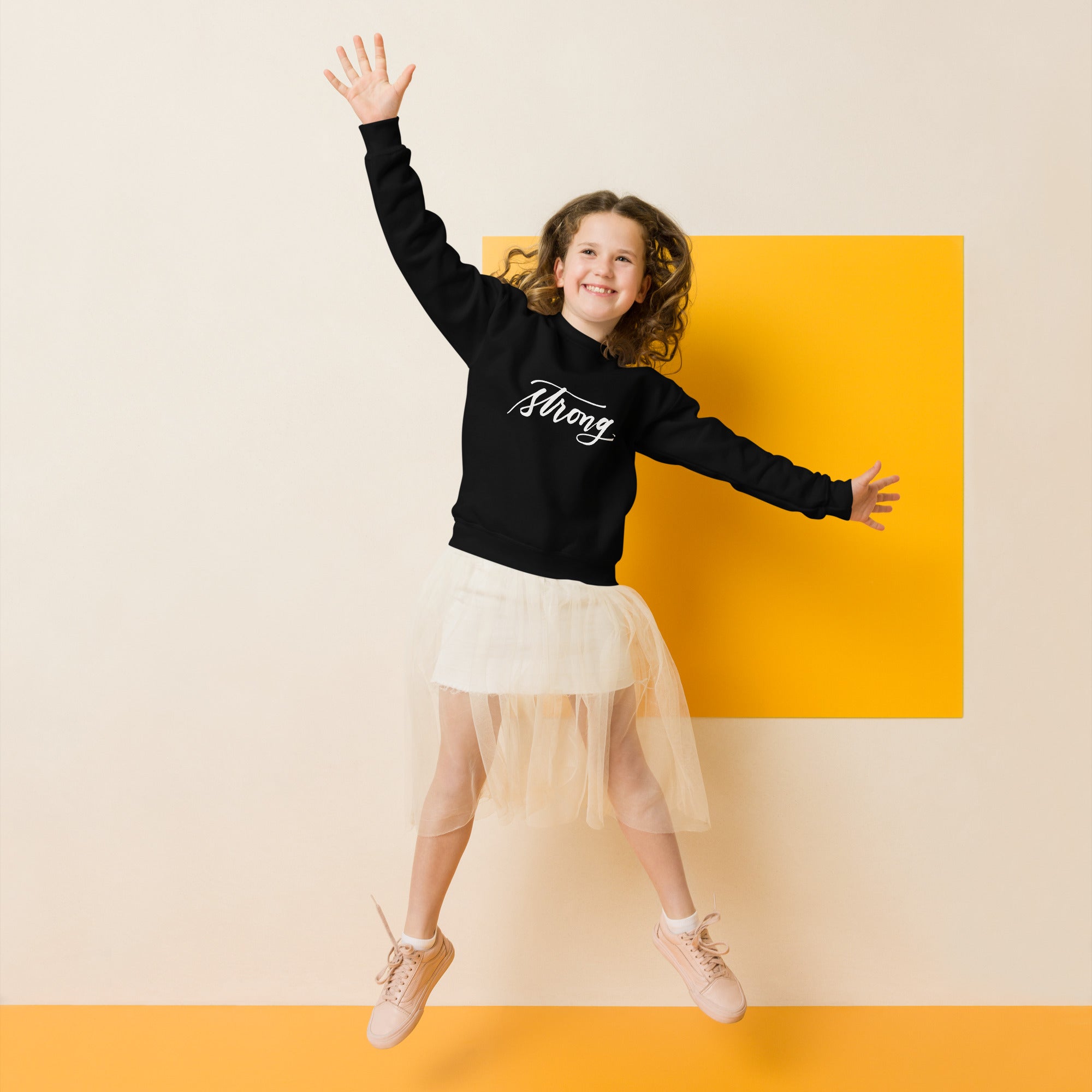 YOUTH SIZES - White Script "Strong" Calligraphy Printed on Kids' Crewneck Sweatshirt (Youth Sizes)