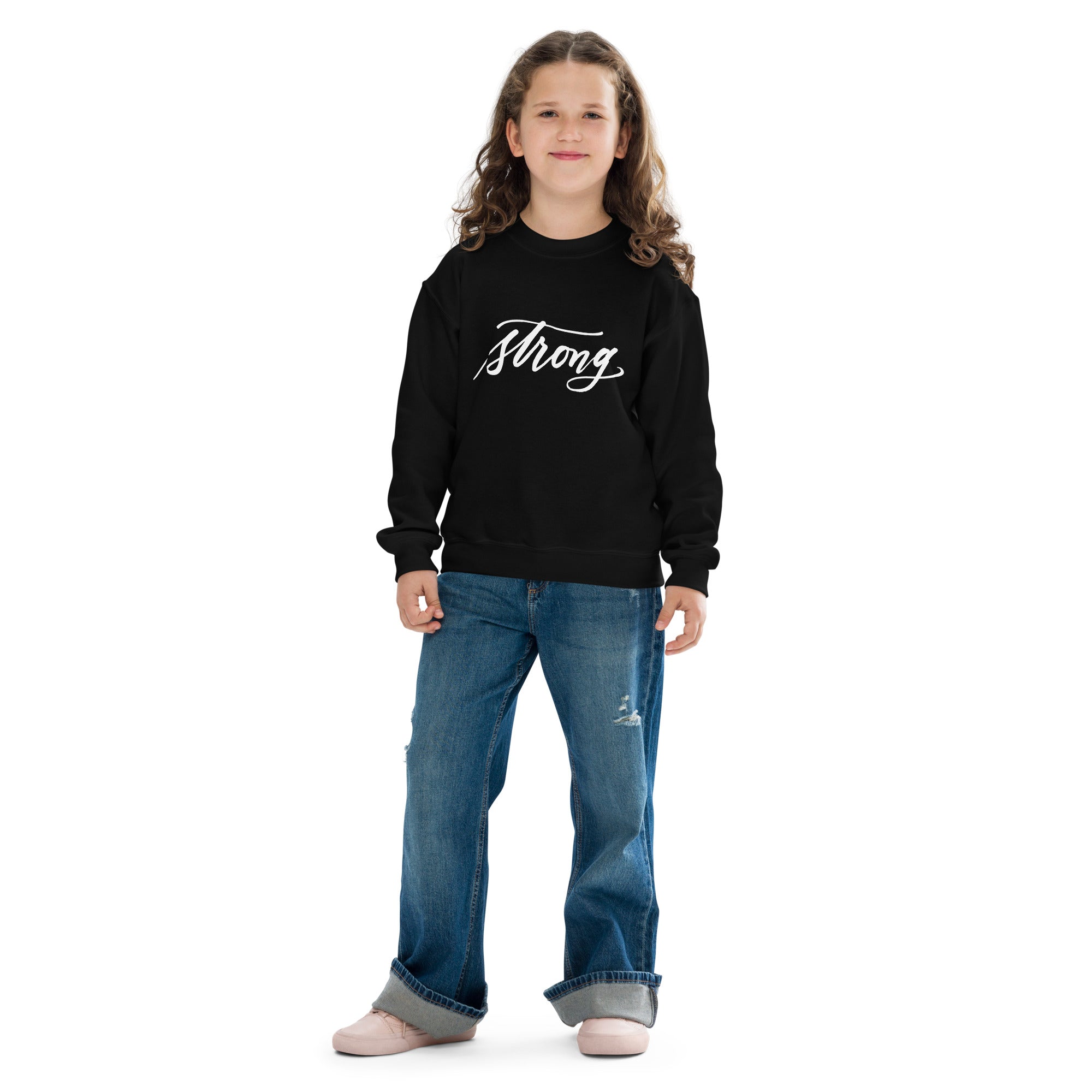 YOUTH SIZES - White Script "Strong" Calligraphy Printed on Kids' Crewneck Sweatshirt (Youth Sizes)
