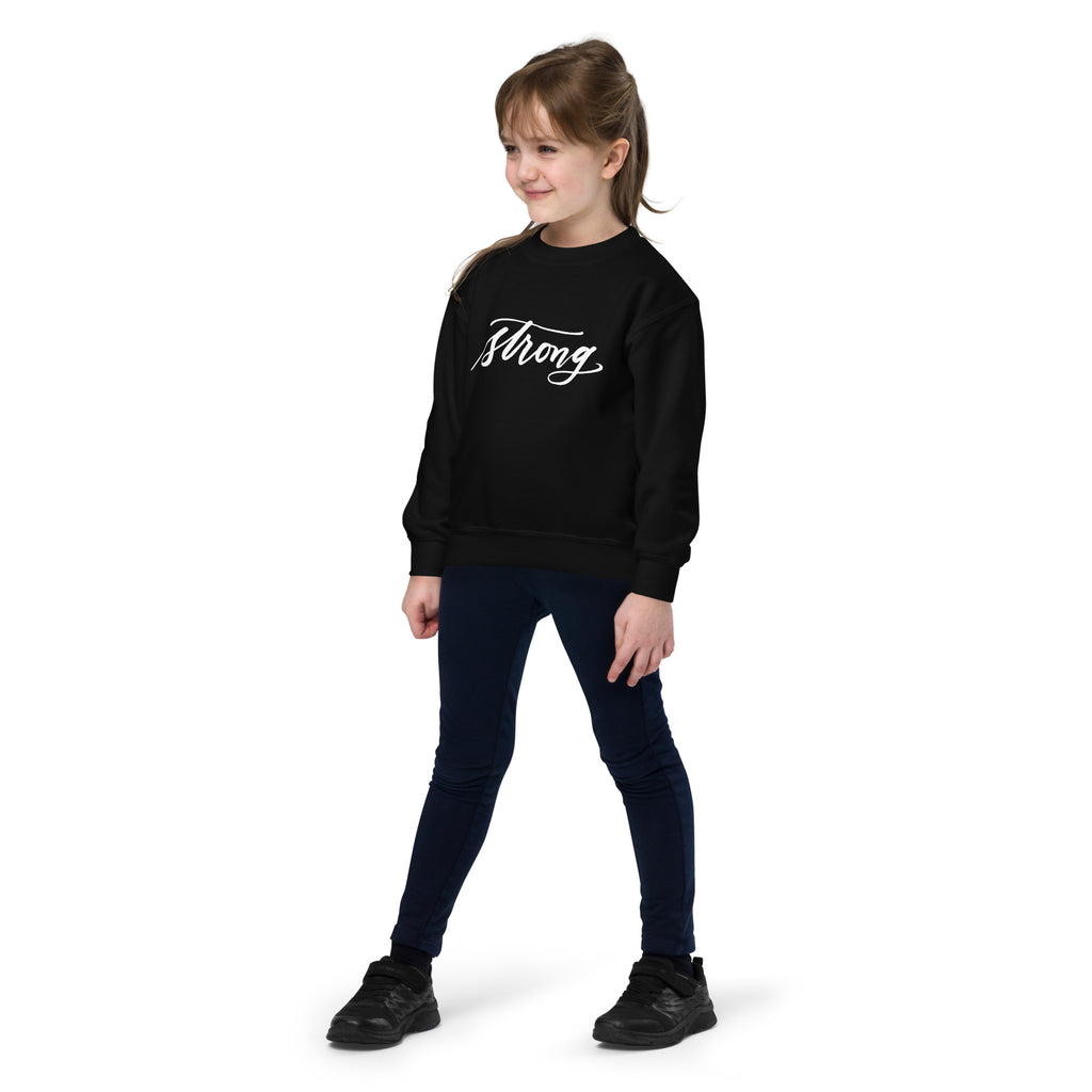 YOUTH SIZES - White Script "Strong" Calligraphy Printed on Kids' Crewneck Sweatshirt (Youth Sizes)