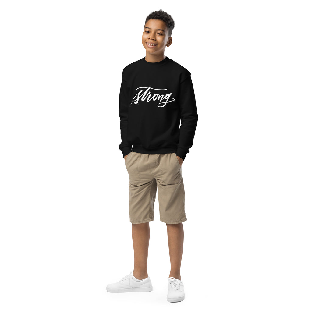 YOUTH SIZES - White Script "Strong" Calligraphy Printed on Kids' Crewneck Sweatshirt (Youth Sizes)