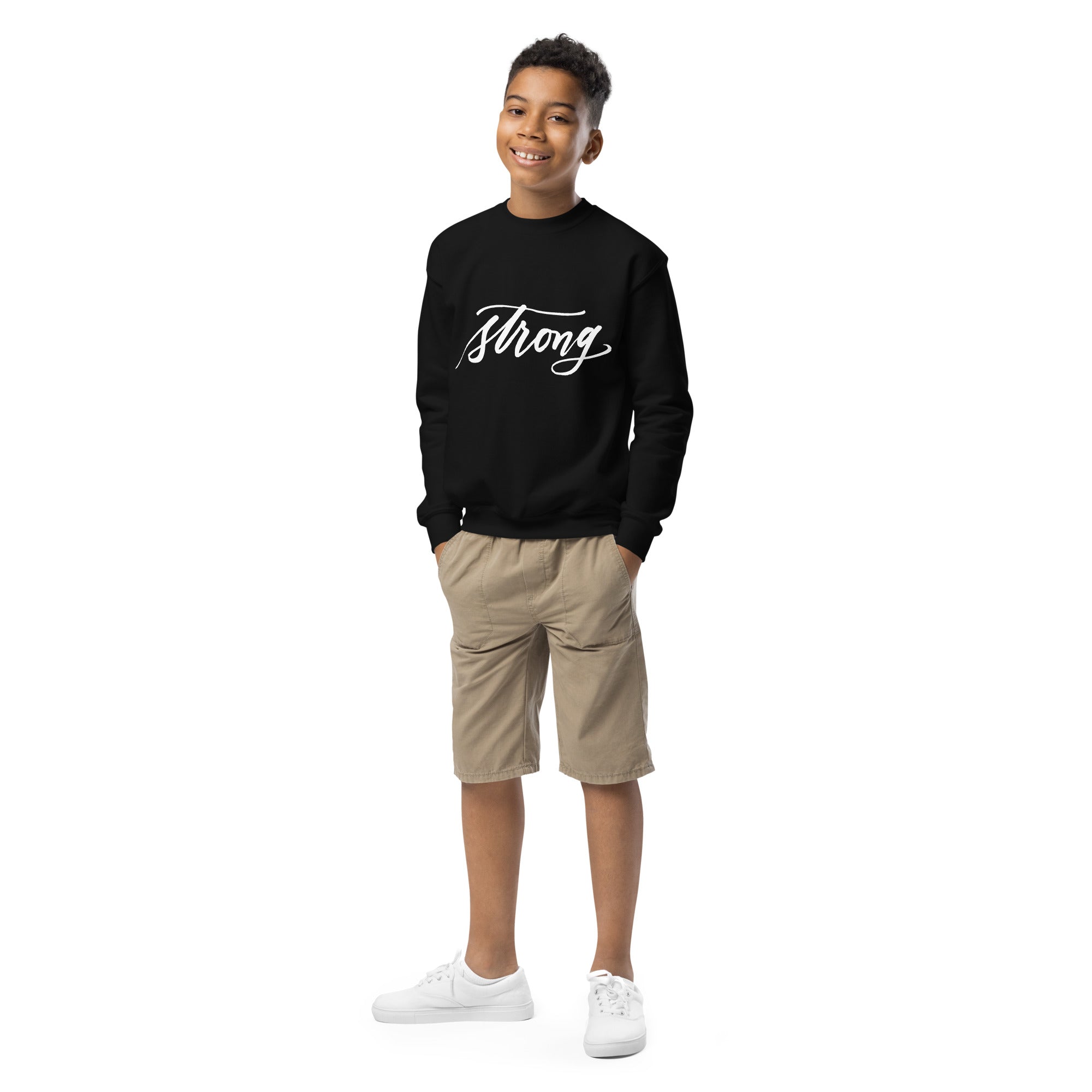 YOUTH SIZES - White Script "Strong" Calligraphy Printed on Kids' Crewneck Sweatshirt (Youth Sizes)