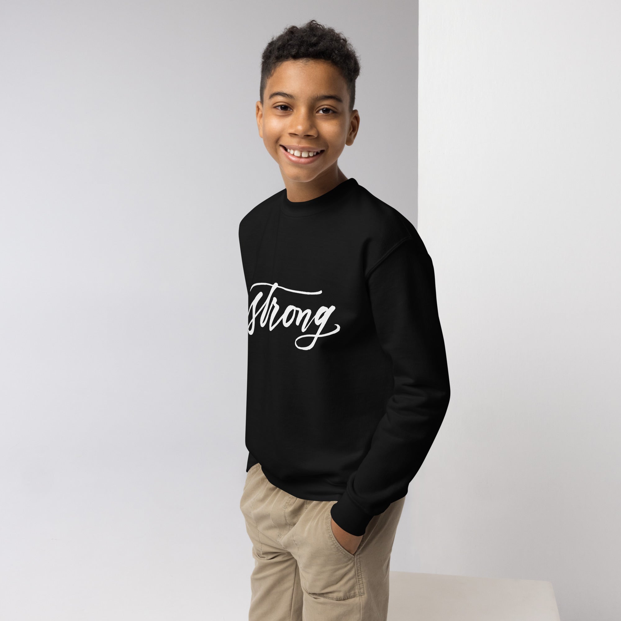 YOUTH SIZES - White Script "Strong" Calligraphy Printed on Kids' Crewneck Sweatshirt (Youth Sizes)