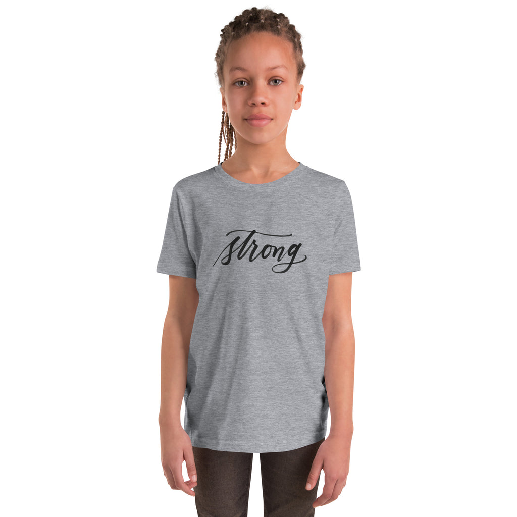 YOUTH SIZES - Black Script "Strong" Calligraphy Printed on Kids' 100% Cotton T-Shirt (Youth Sizes)