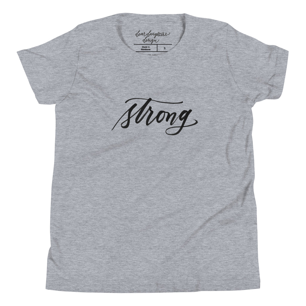 YOUTH SIZES - Black Script "Strong" Calligraphy Printed on Kids' 100% Cotton T-Shirt (Youth Sizes)