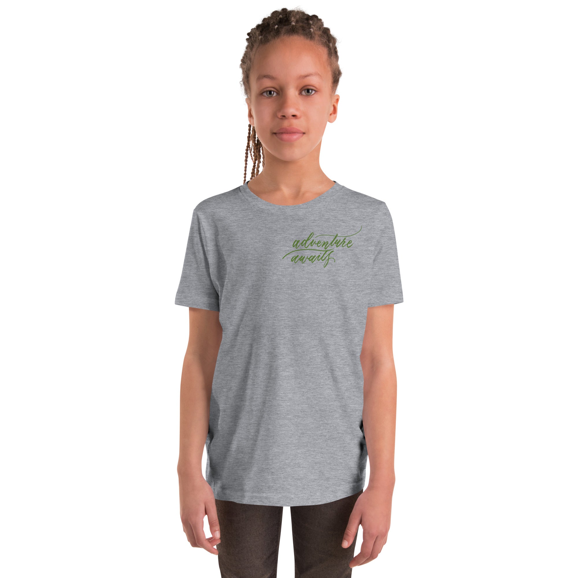 YOUTH SIZES - Script "Adventure Awaits" Green Calligraphy Printed Kids Short Sleeve T-Shirt