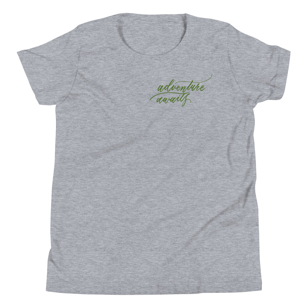 YOUTH SIZES - Script "Adventure Awaits" Green Calligraphy Printed Kids Short Sleeve T-Shirt
