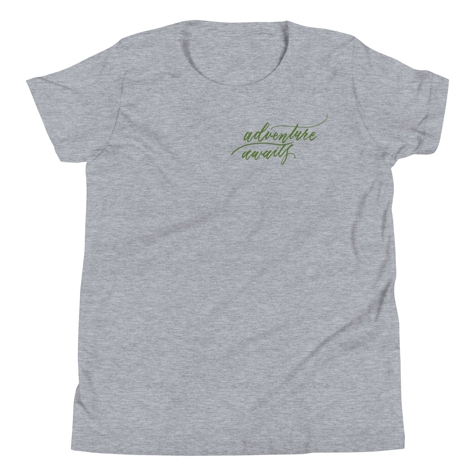 YOUTH SIZES - Script "Adventure Awaits" Green Calligraphy Printed Kids Short Sleeve T-Shirt