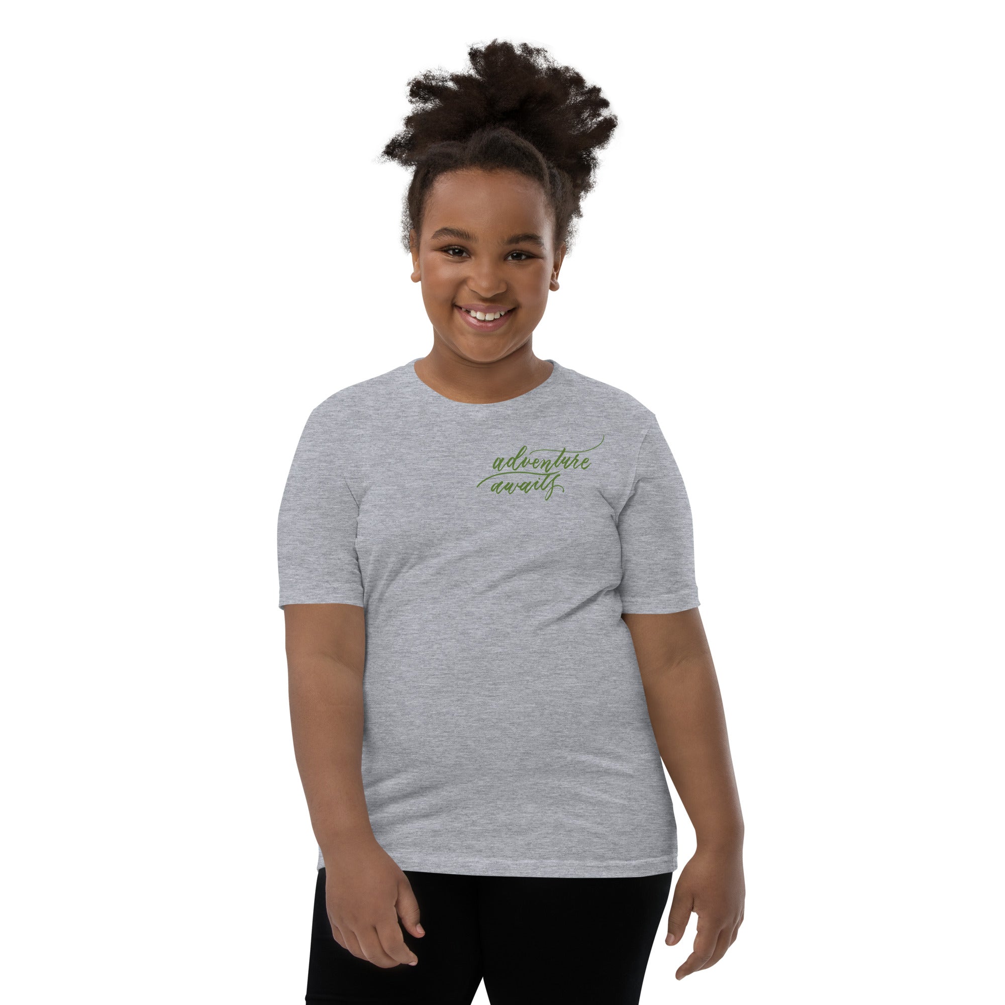 YOUTH SIZES - Script "Adventure Awaits" Green Calligraphy Printed Kids Short Sleeve T-Shirt