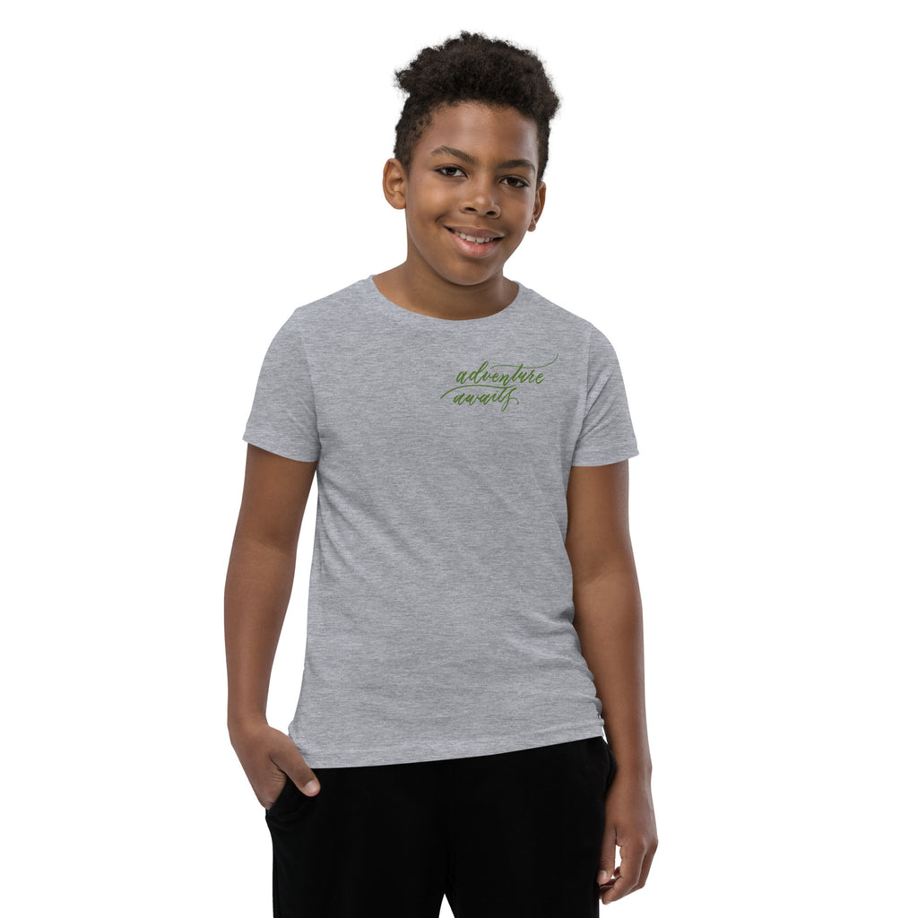 YOUTH SIZES - Script "Adventure Awaits" Green Calligraphy Printed Kids Short Sleeve T-Shirt