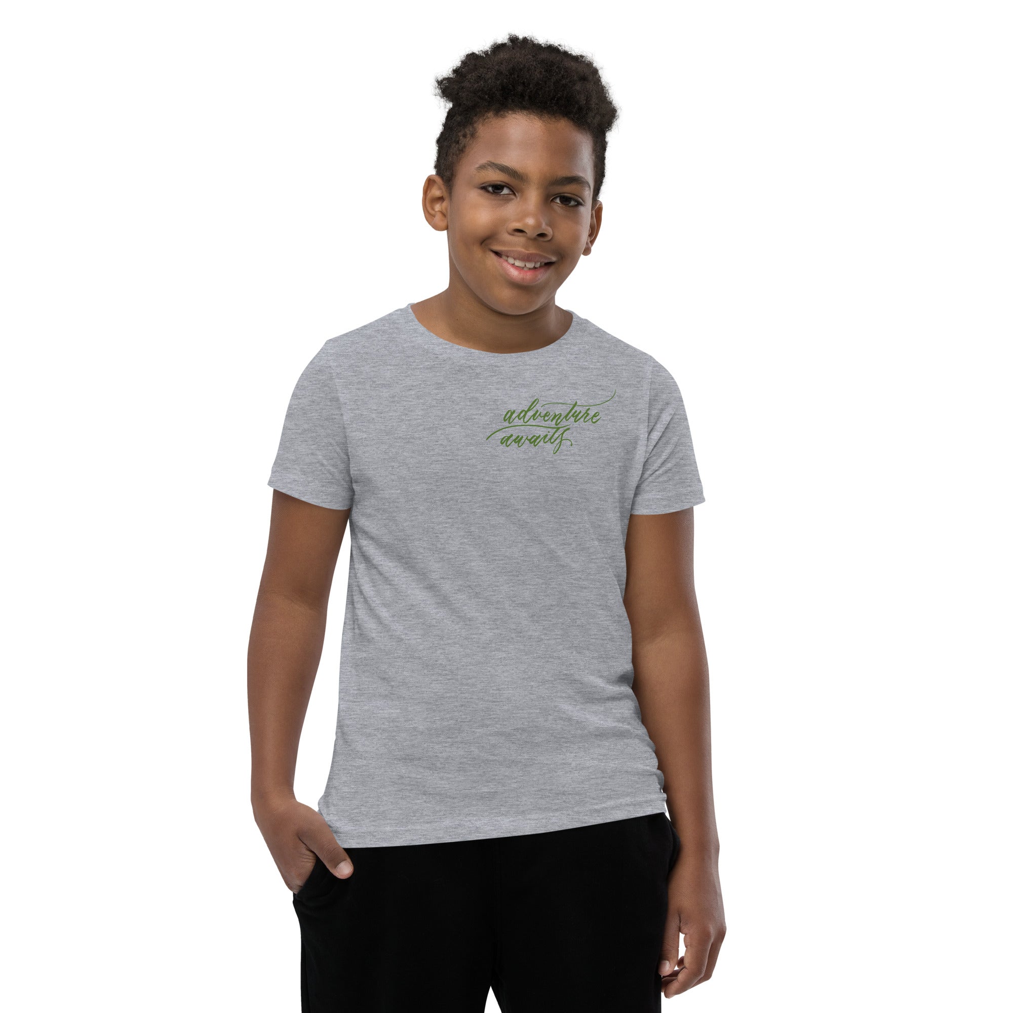 YOUTH SIZES - Script "Adventure Awaits" Green Calligraphy Printed Kids Short Sleeve T-Shirt