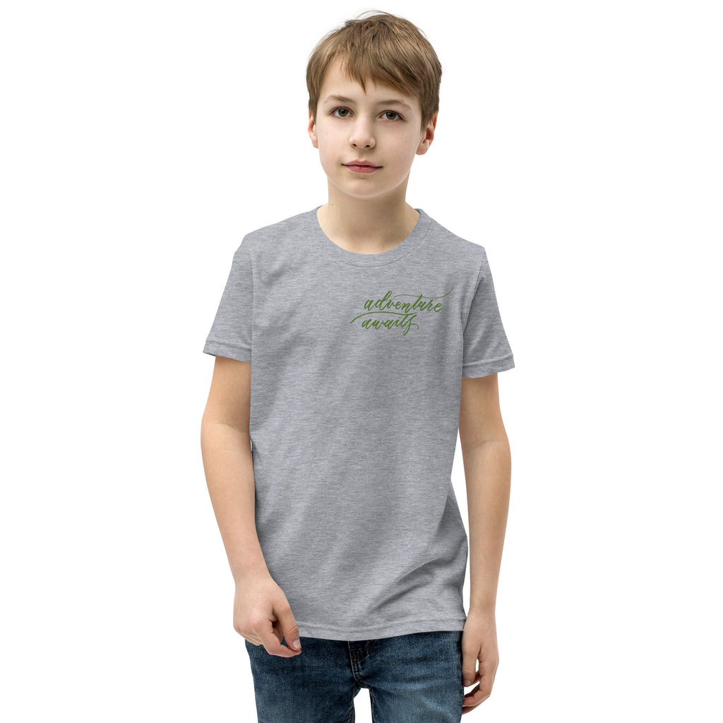 YOUTH SIZES - Script "Adventure Awaits" Green Calligraphy Printed Kids Short Sleeve T-Shirt